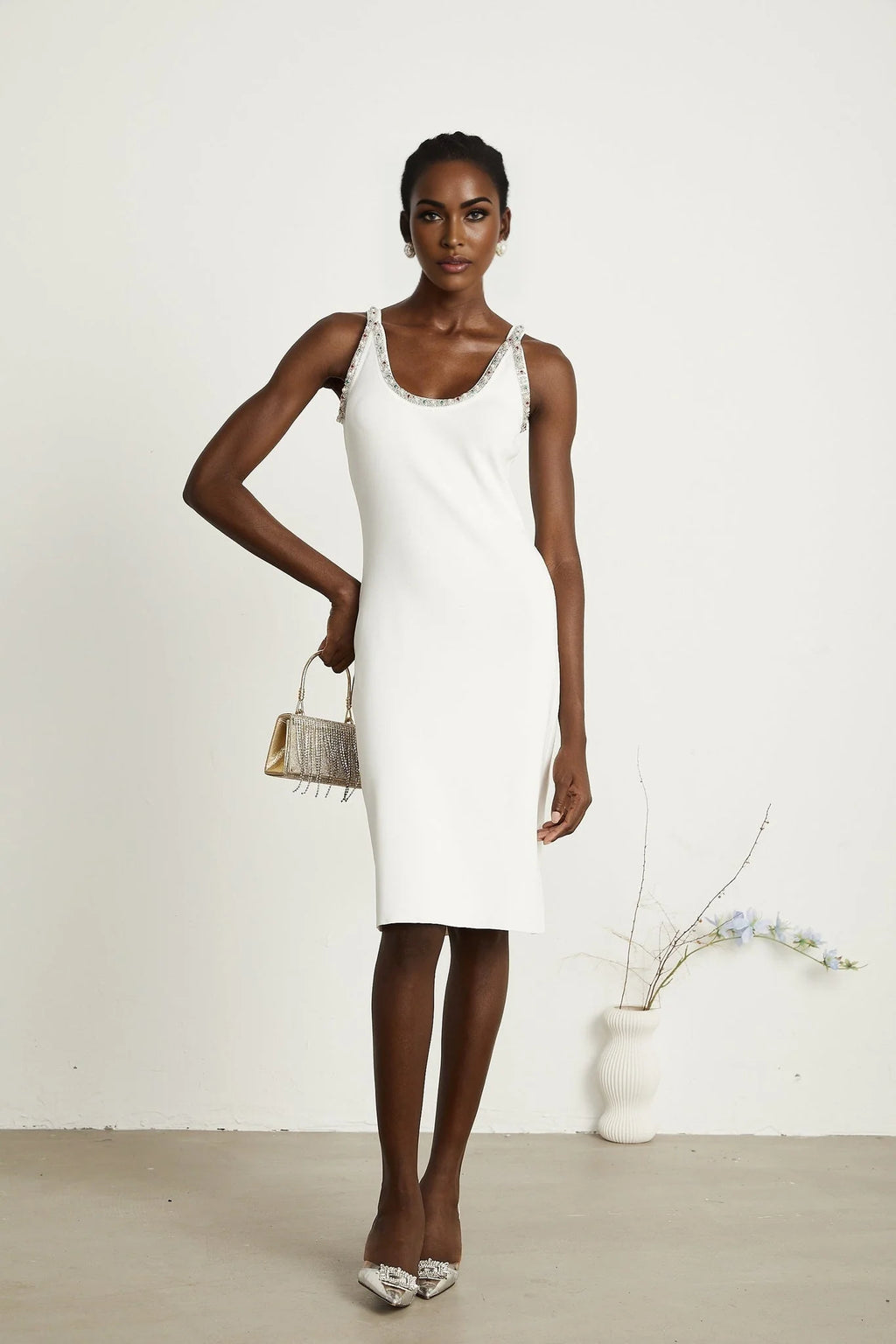 Biancamaria Cardigan & Dress - V Neck - Beaded Embellishment - Knitted Construction - Midi Length
