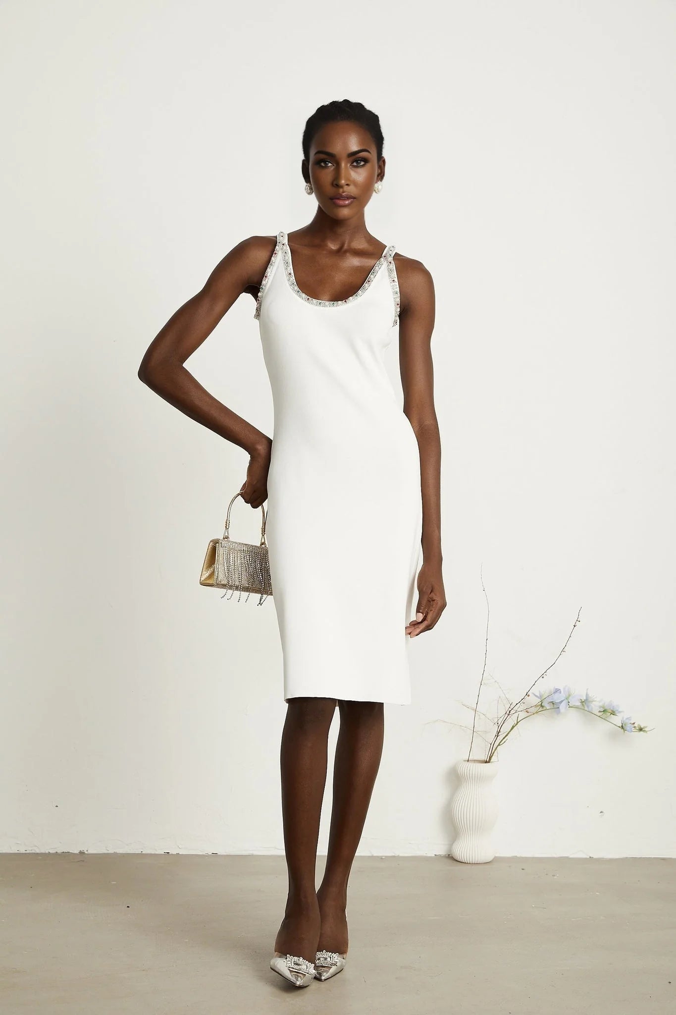 Biancamaria Cardigan & Dress - V Neck - Beaded Embellishment - Knitted Construction - Midi Length