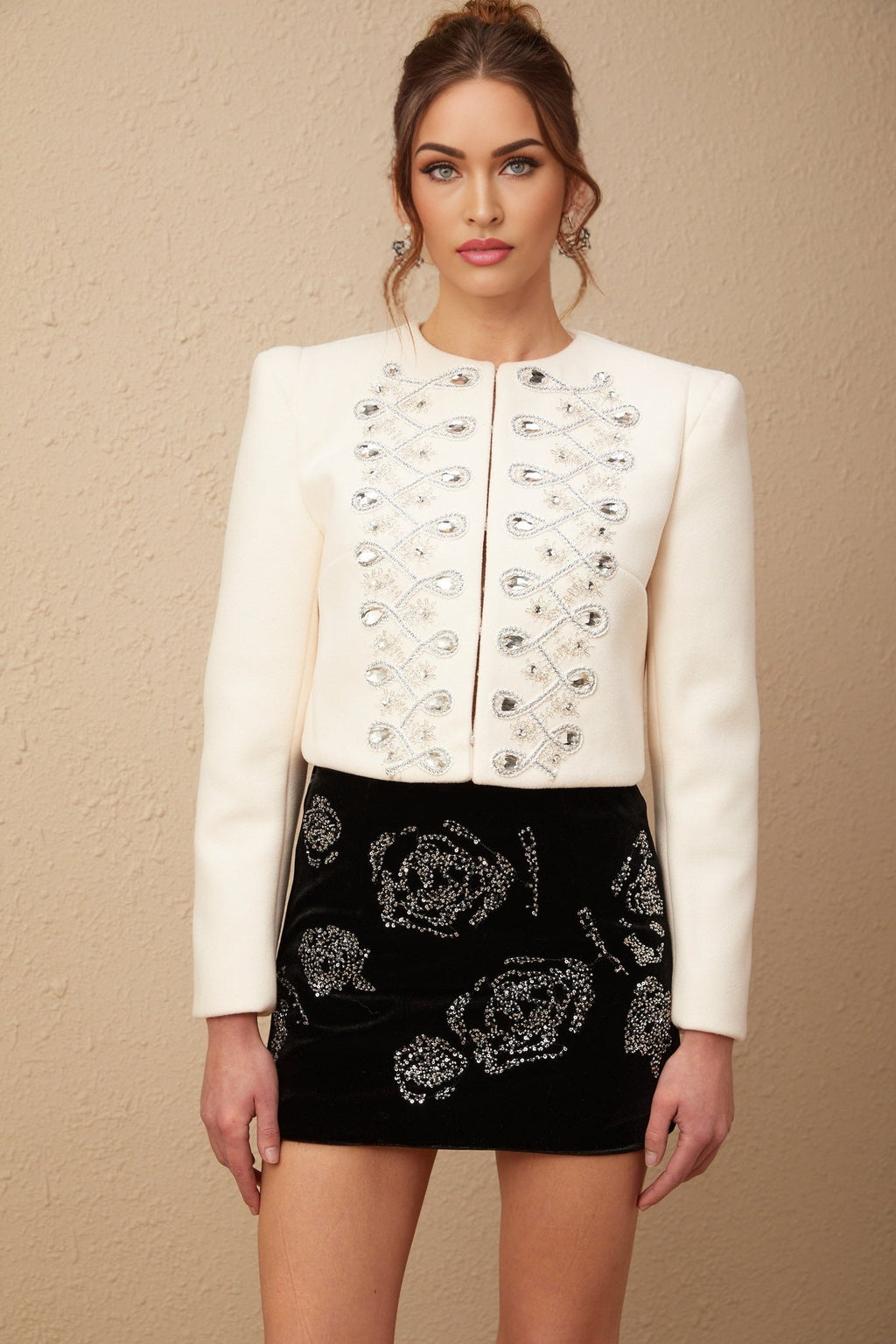 Biancamaria Jacket - Tweed - Crystal Embellishments - Metallic Threading - Collarless Design