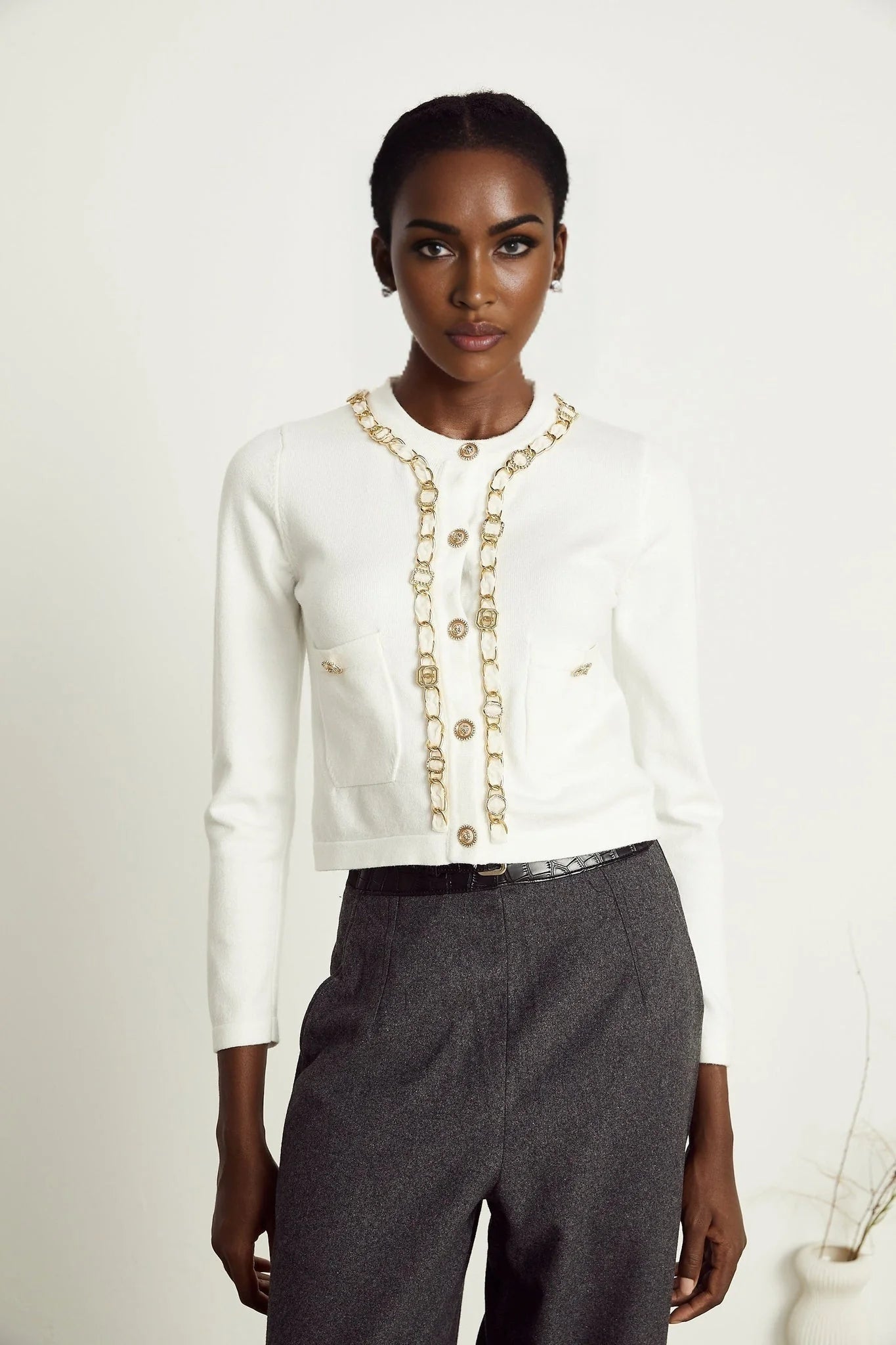 Biancamaria Knitted Cardigan - Chain - link Trim - Long Sleeves - Patch Pockets - Decorative Buttons
