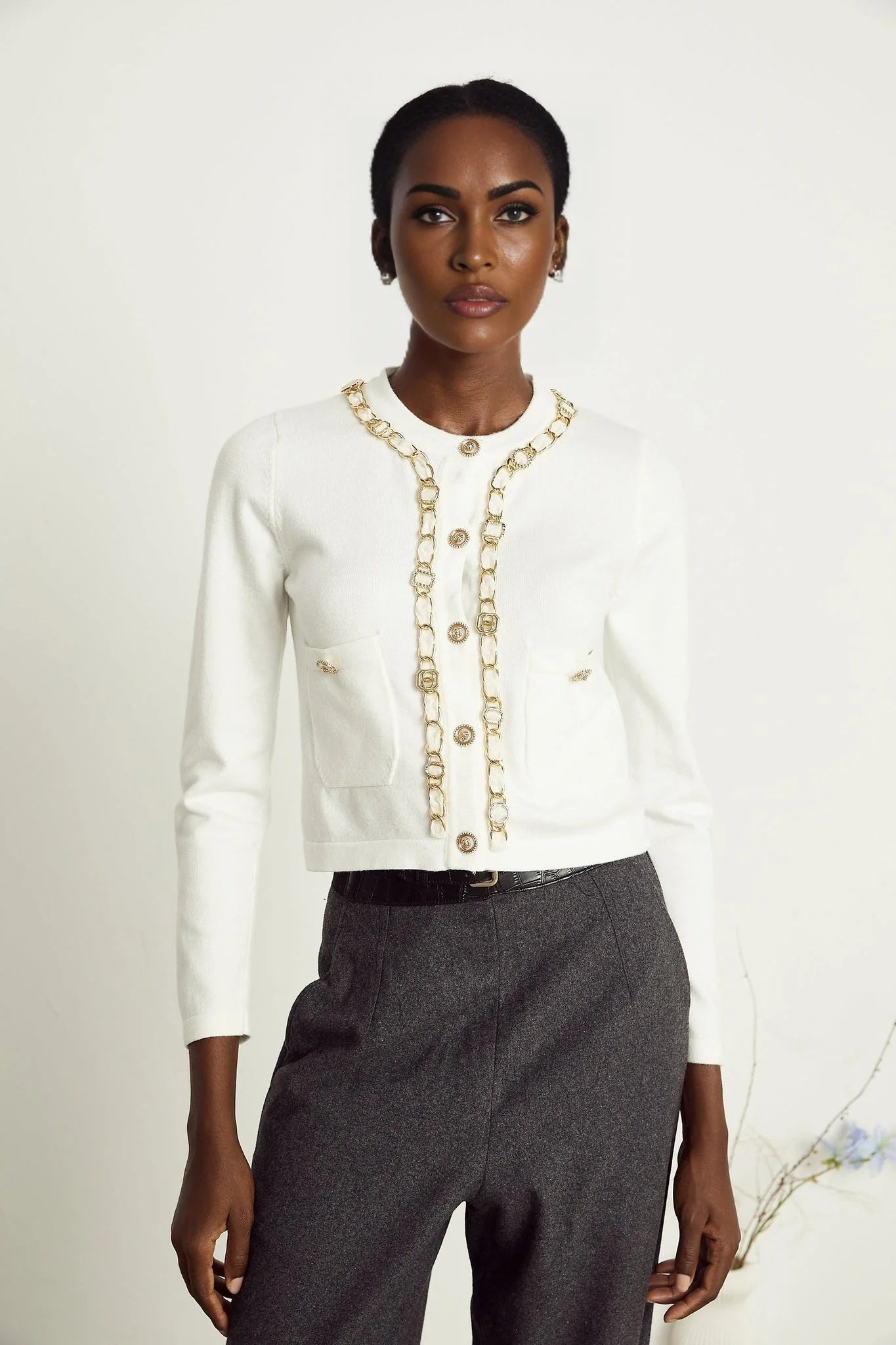 Biancamaria Knitted Cardigan - Chain - link Trim - Long Sleeves - Patch Pockets - Decorative Buttons