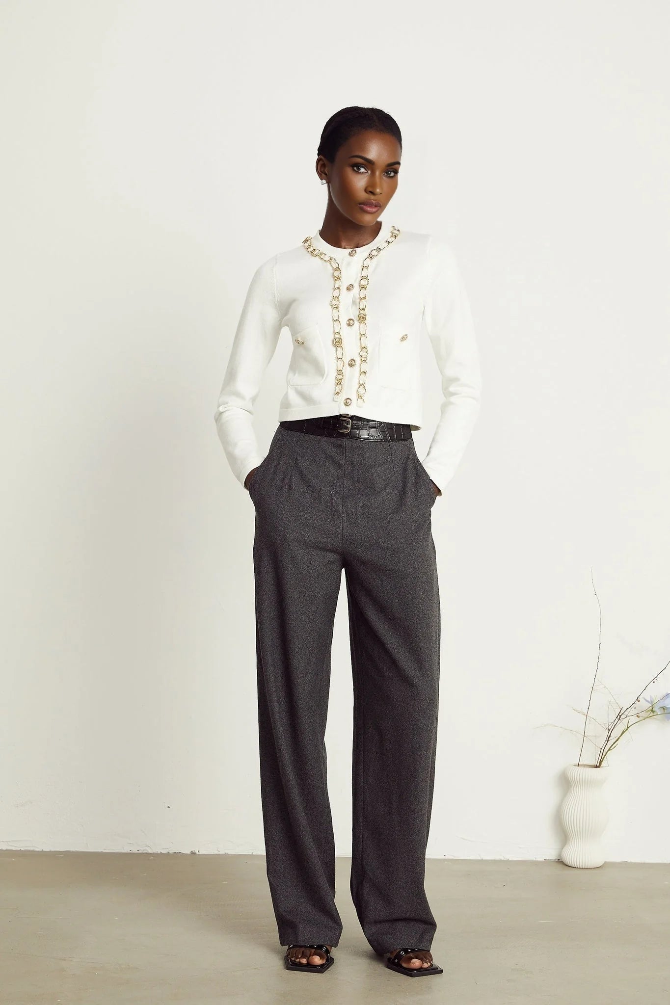 Biancamaria Knitted Cardigan - Chain - link Trim - Long Sleeves - Patch Pockets - Decorative Buttons