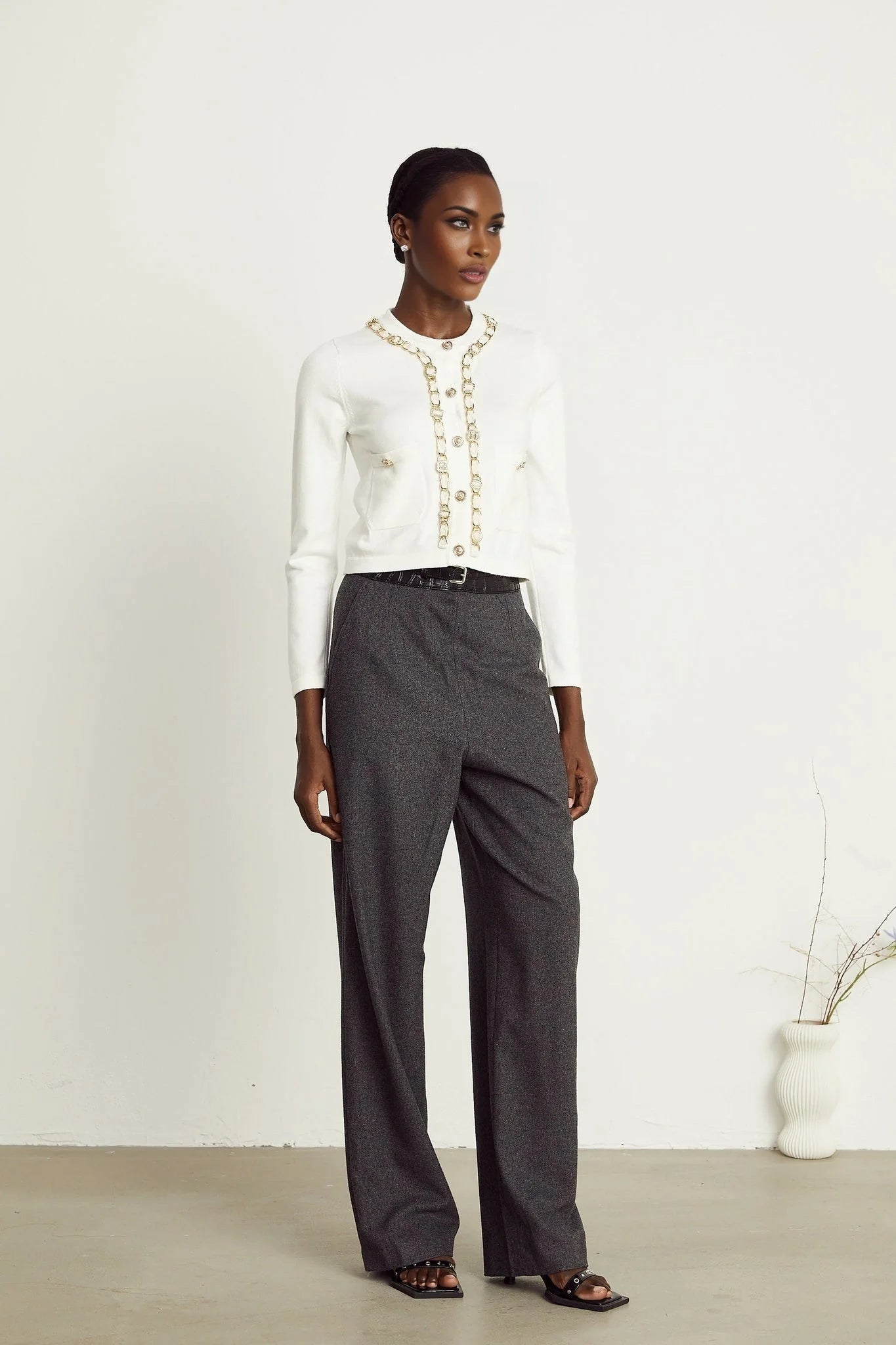 Biancamaria Knitted Cardigan - Chain - link Trim - Long Sleeves - Patch Pockets - Decorative Buttons