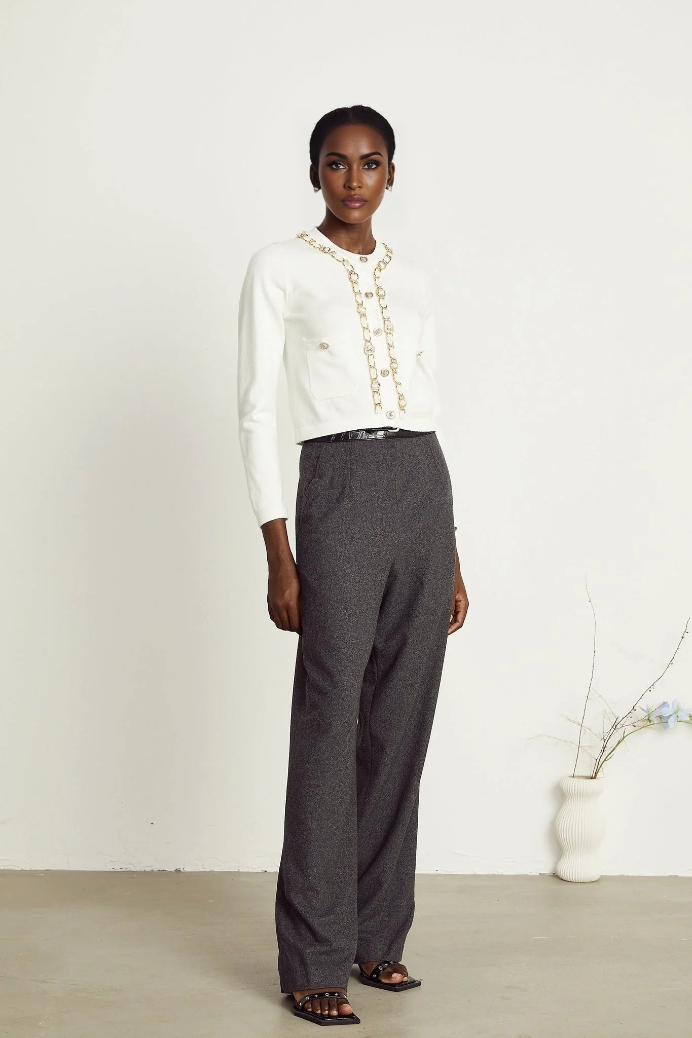 Biancamaria Knitted Cardigan - Chain - link Trim - Long Sleeves - Patch Pockets - Decorative Buttons