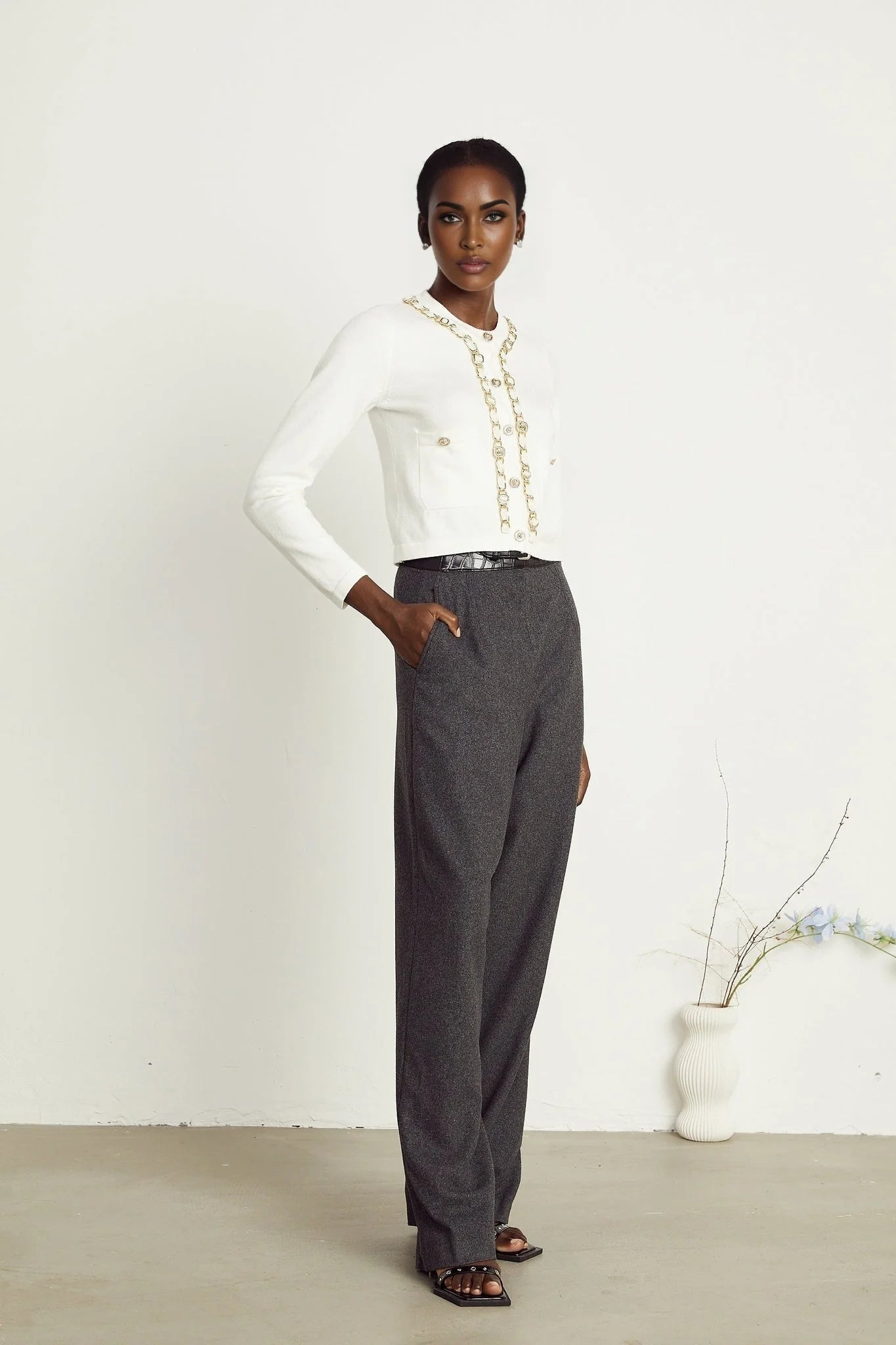 Biancamaria Knitted Cardigan - Chain - link Trim - Long Sleeves - Patch Pockets - Decorative Buttons