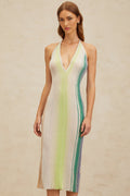 Biancamaria Midi Dress - Sleeveless Halterneck - Pleated Stripe Pattern - Sequin Embellishment - Metallic Detail - Rear Tie Fastening