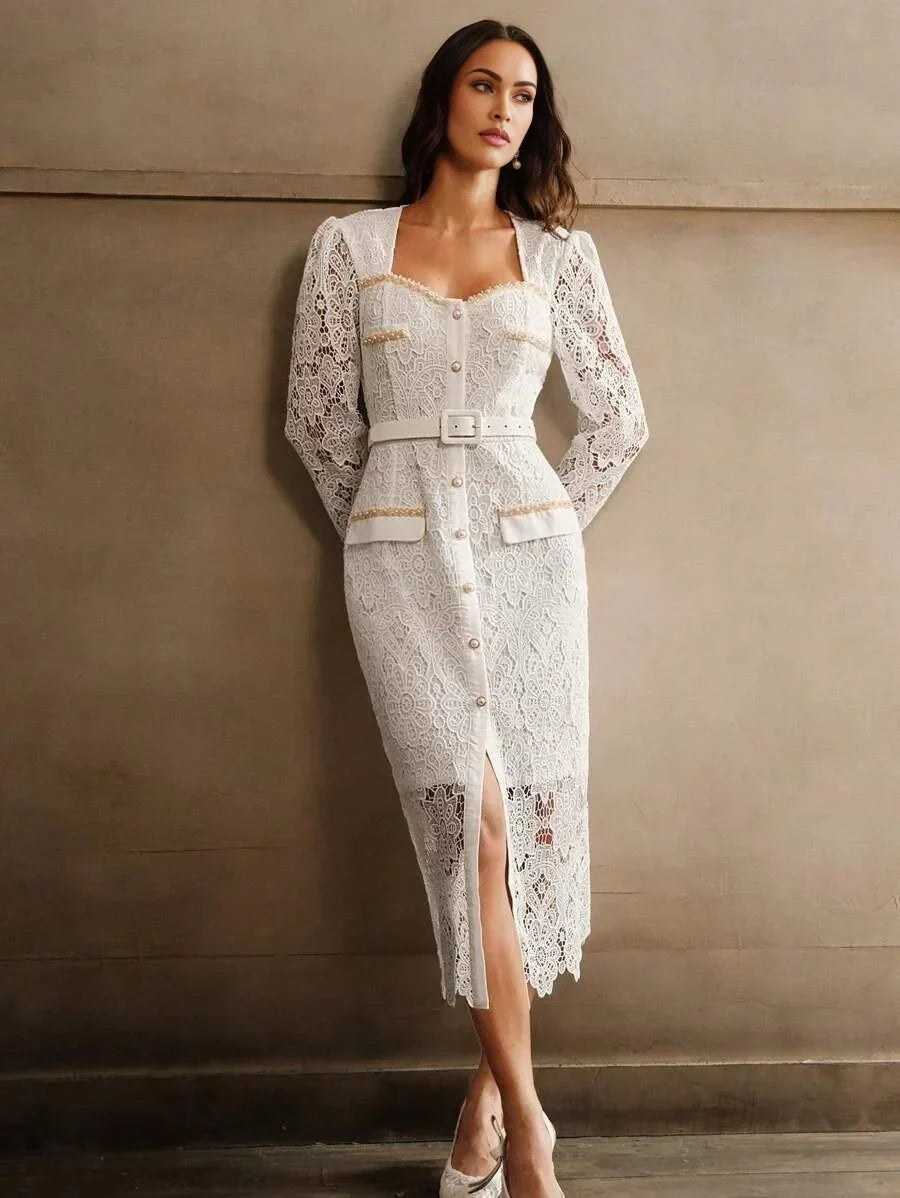 Biancamaria Midi Dress - Sweetheart Neckline - High Waist - Elegant Style - Belted Split - Lace Material