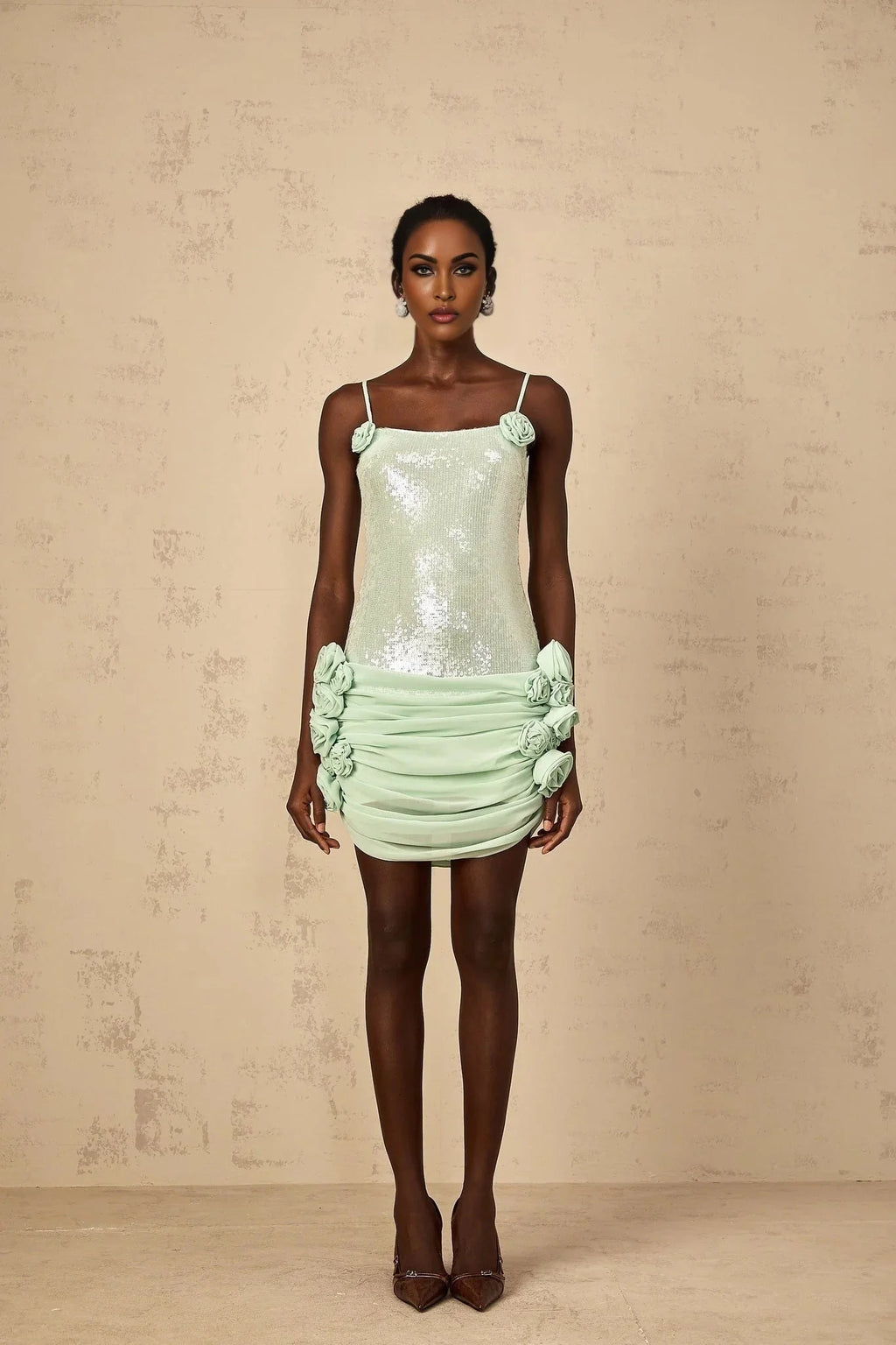 Biancamaria Mini Dress Green Sequin Floral & Tie - Back