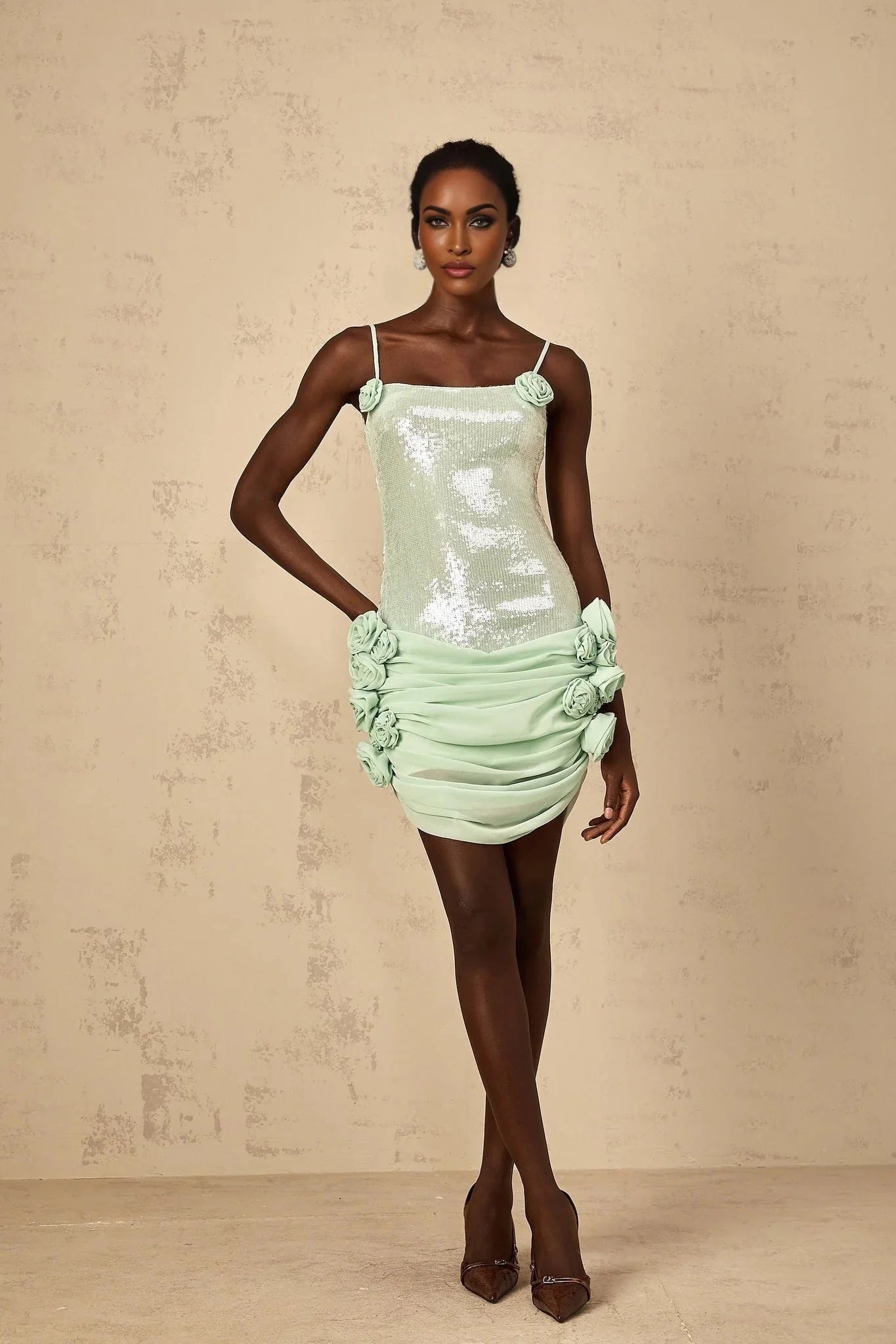 Biancamaria Mini Dress Green Sequin Floral & Tie - Back