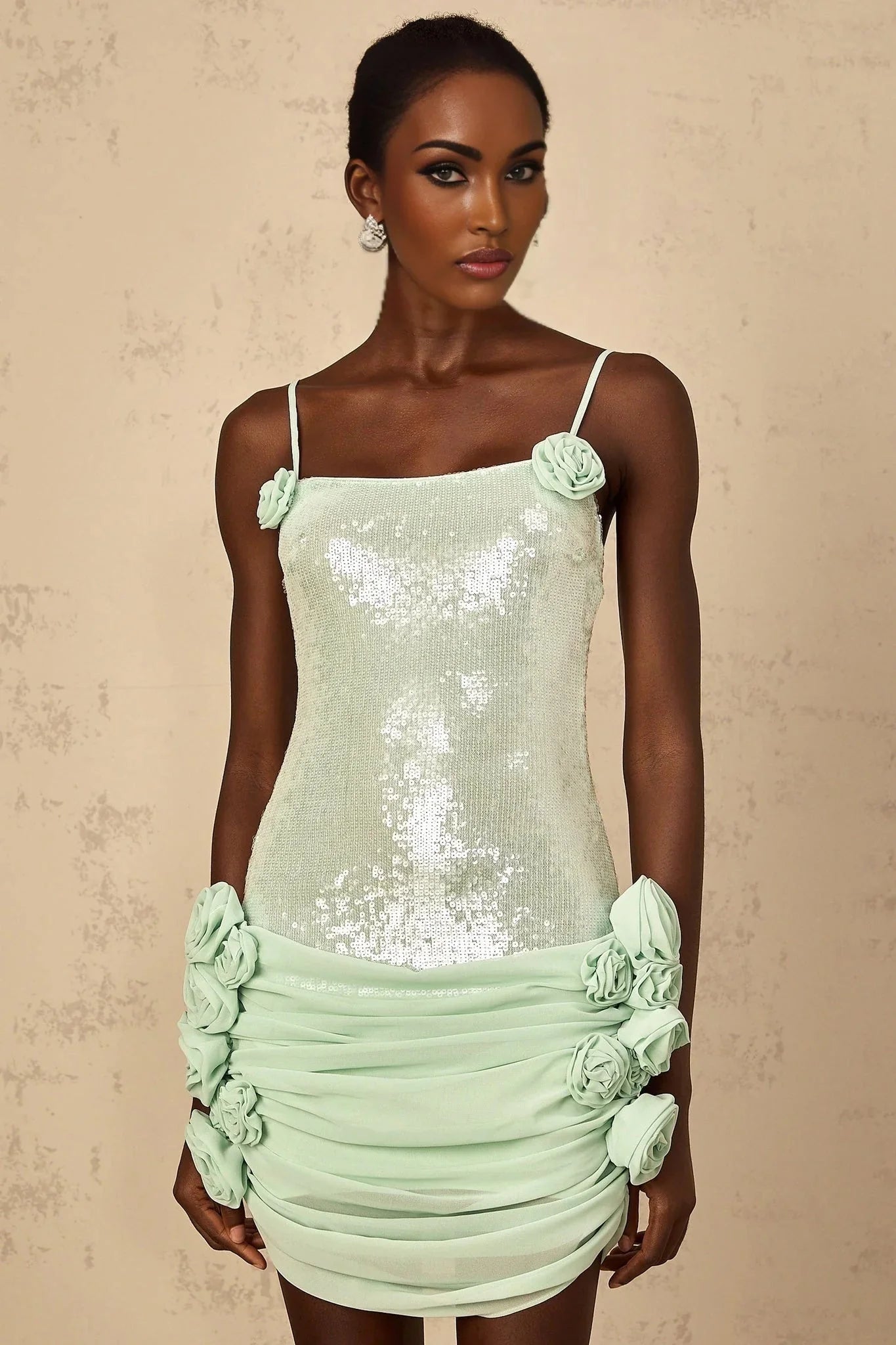 Biancamaria Mini Dress Green Sequin Floral & Tie - Back