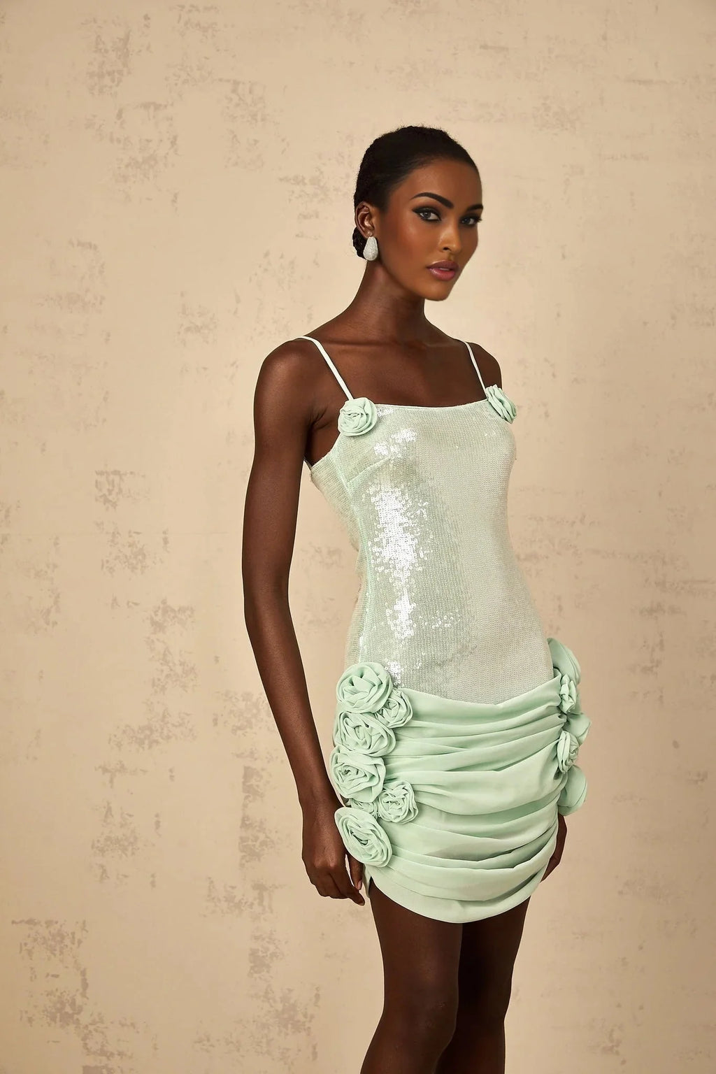 Biancamaria Mini Dress Green Sequin Floral & Tie - Back