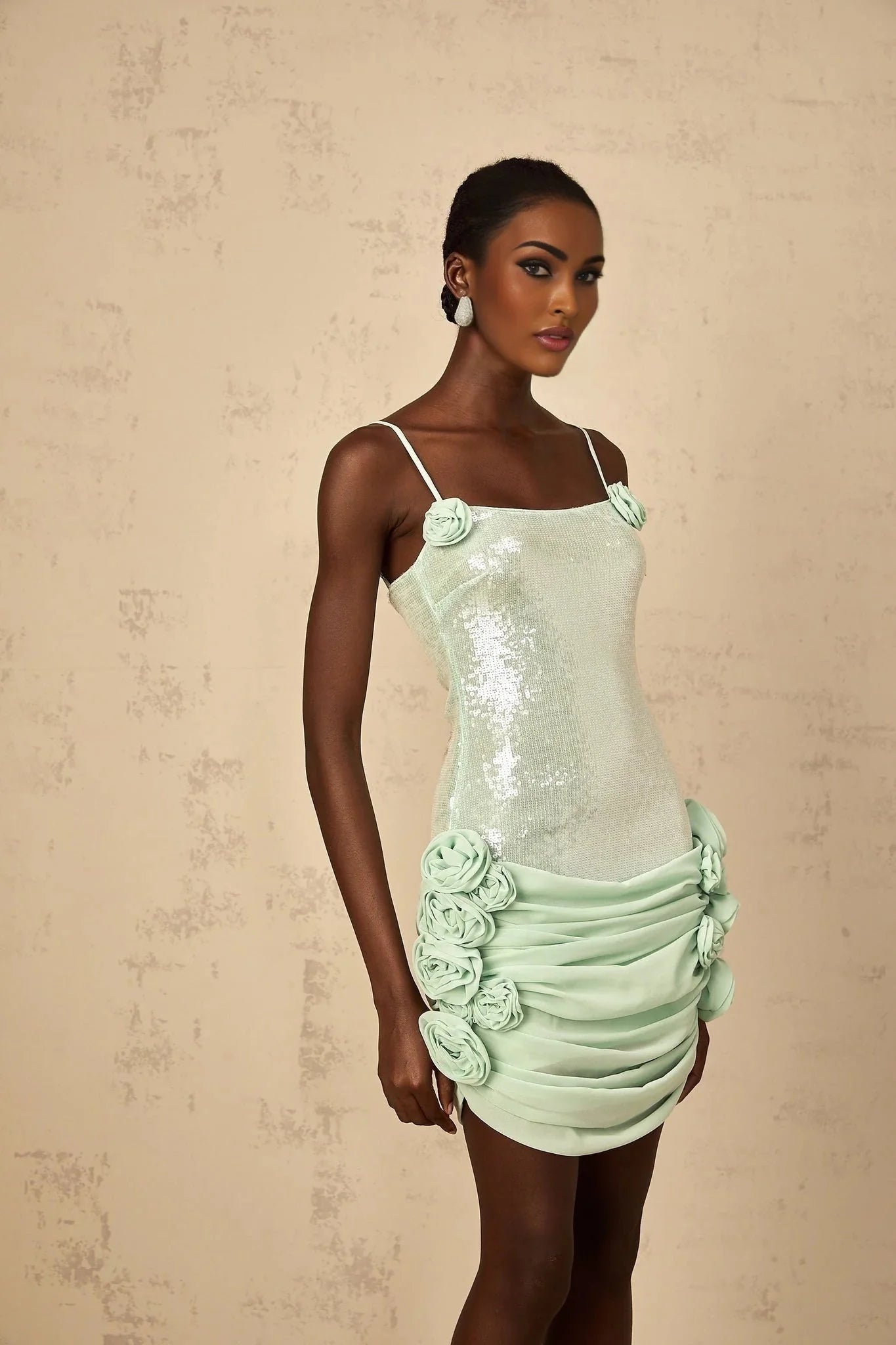 Biancamaria Mini Dress Green Sequin Floral & Tie - Back