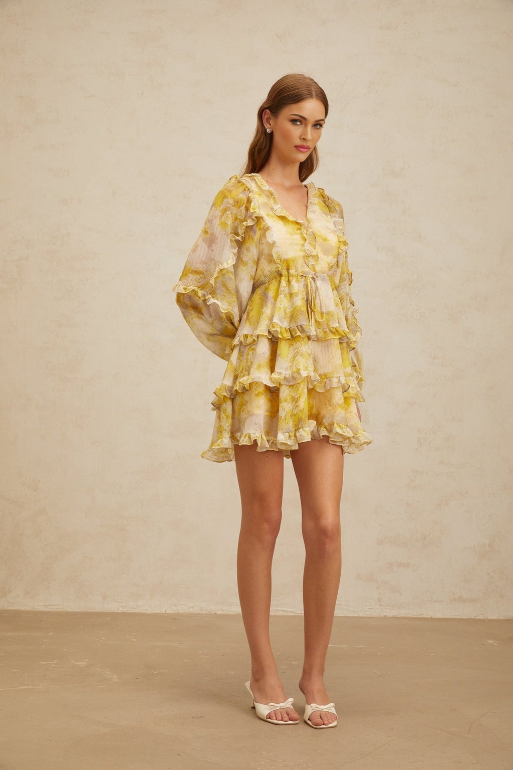 Biancamaria Mini Dress - V - Neck - Long Puff Sleeves - Cinched Waist - Graphic Print - Ruffled Trim