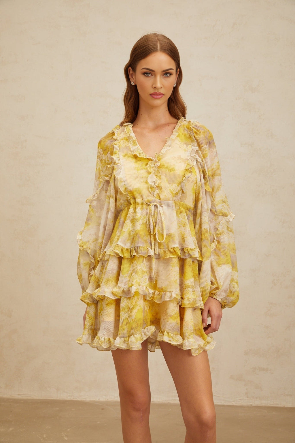 Biancamaria Mini Dress - V - Neck - Long Puff Sleeves - Cinched Waist - Graphic Print - Ruffled Trim