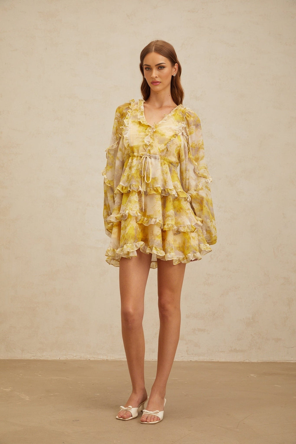 Biancamaria Mini Dress - V - Neck - Long Puff Sleeves - Cinched Waist - Graphic Print - Ruffled Trim
