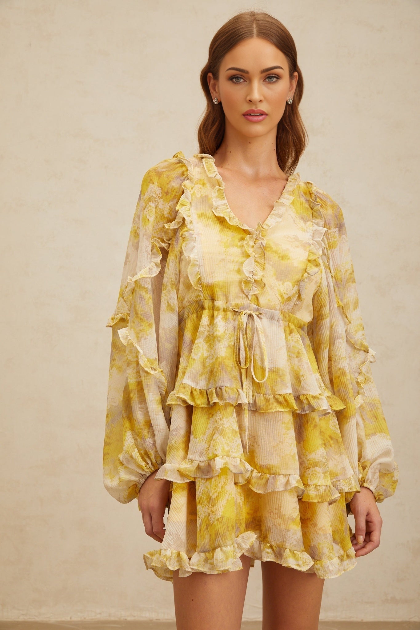 Biancamaria Mini Dress - V - Neck - Long Puff Sleeves - Cinched Waist - Graphic Print - Ruffled Trim