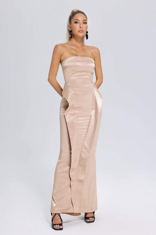 Bianchina Beige Satin Fishtail Maxi Dress with Side Pockets