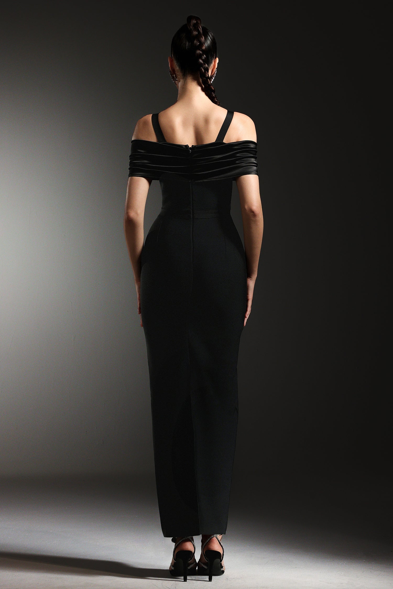 Bianchina Black Off-Shoulder Diamond Detail Maxi Dress