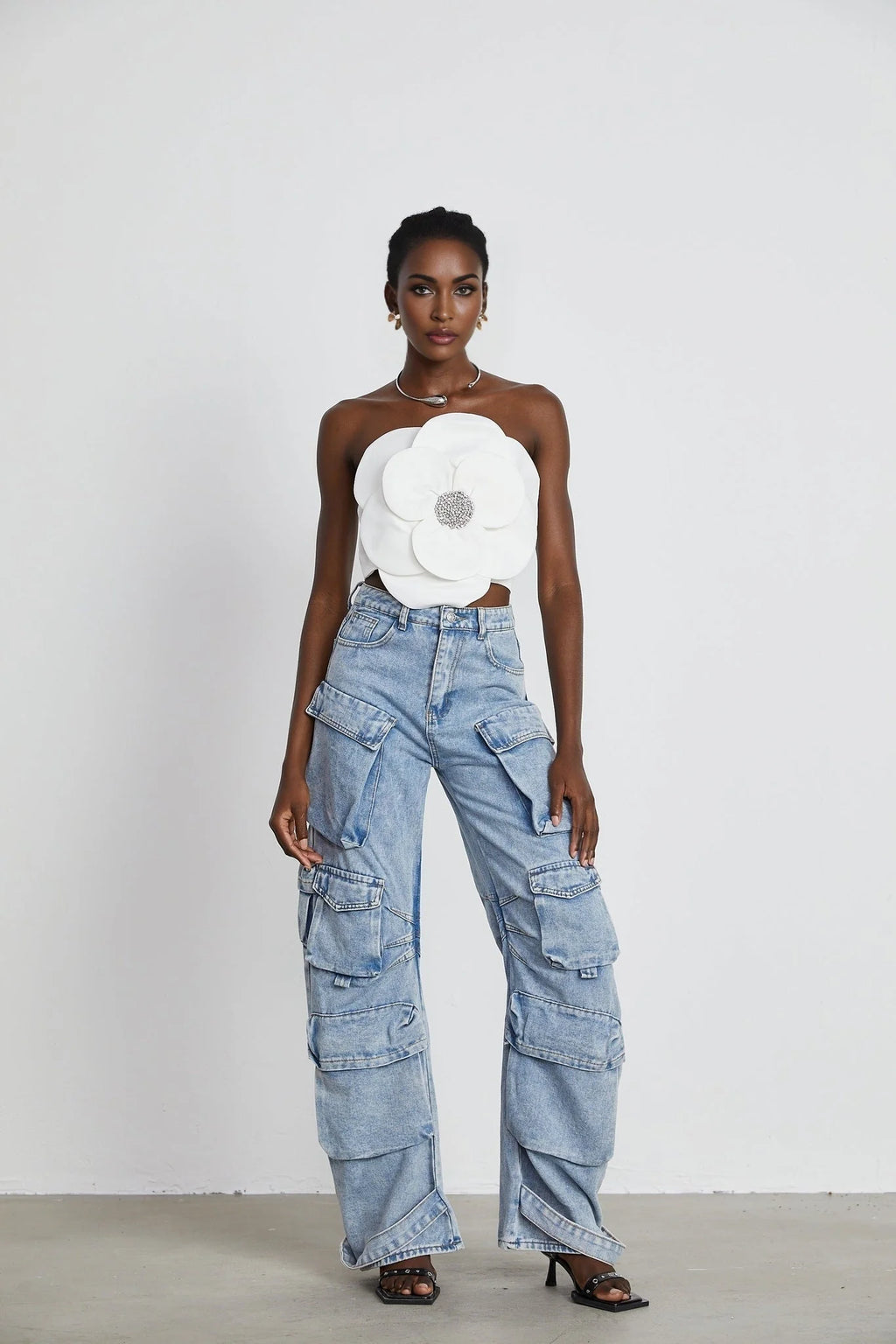 Bianchina Floral Top - Sleeveless Off the Shoulder with Floral Appliqu Crystal Embellishment Trendy Cropped