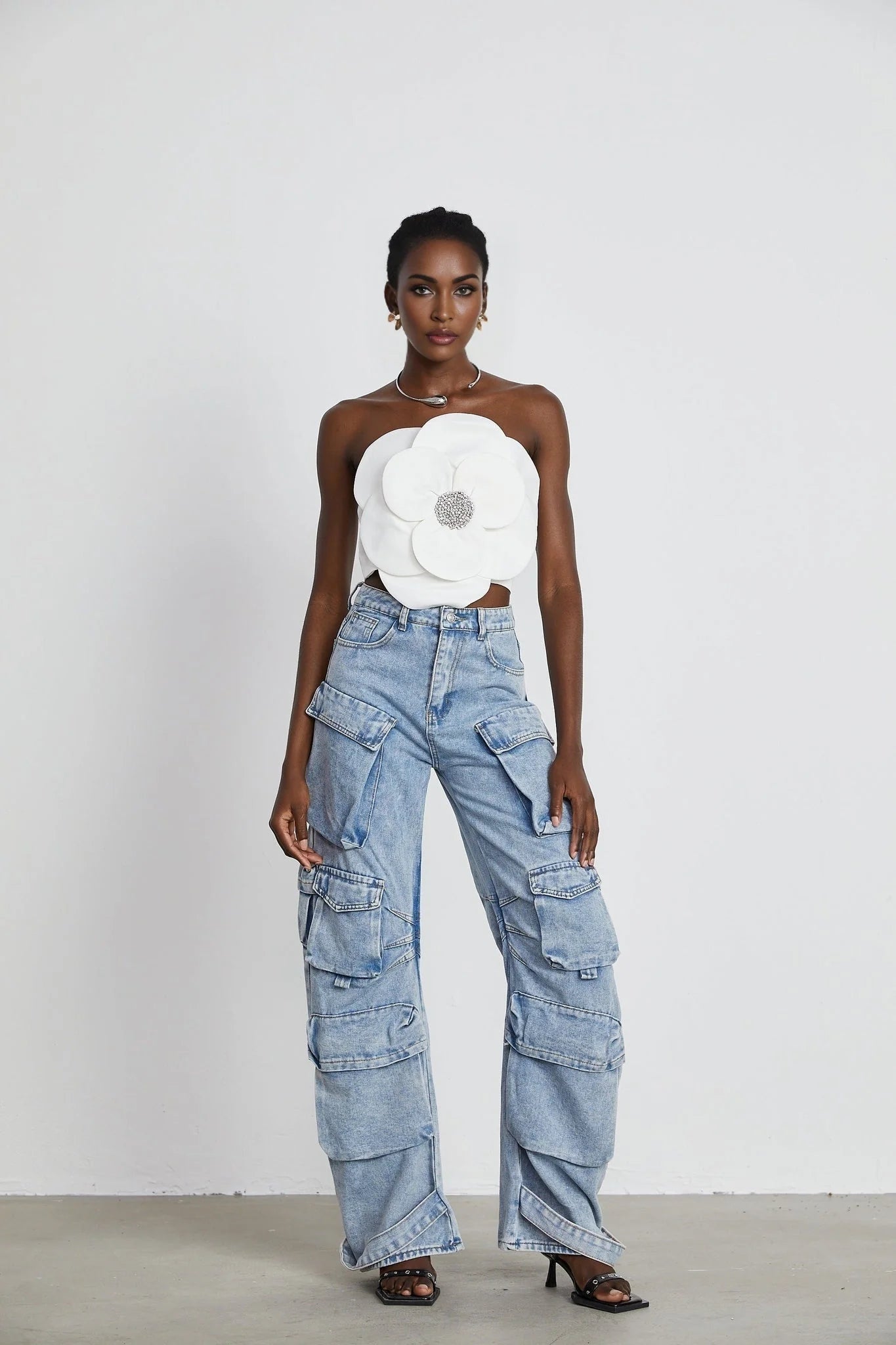 Bianchina Floral Top - Sleeveless Off the Shoulder with Floral Appliqu Crystal Embellishment Trendy Cropped