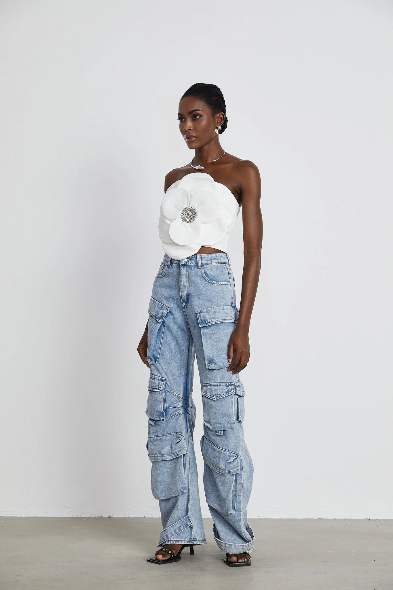 Bianchina Floral Top - Sleeveless Off the Shoulder with Floral Appliqu Crystal Embellishment Trendy Cropped