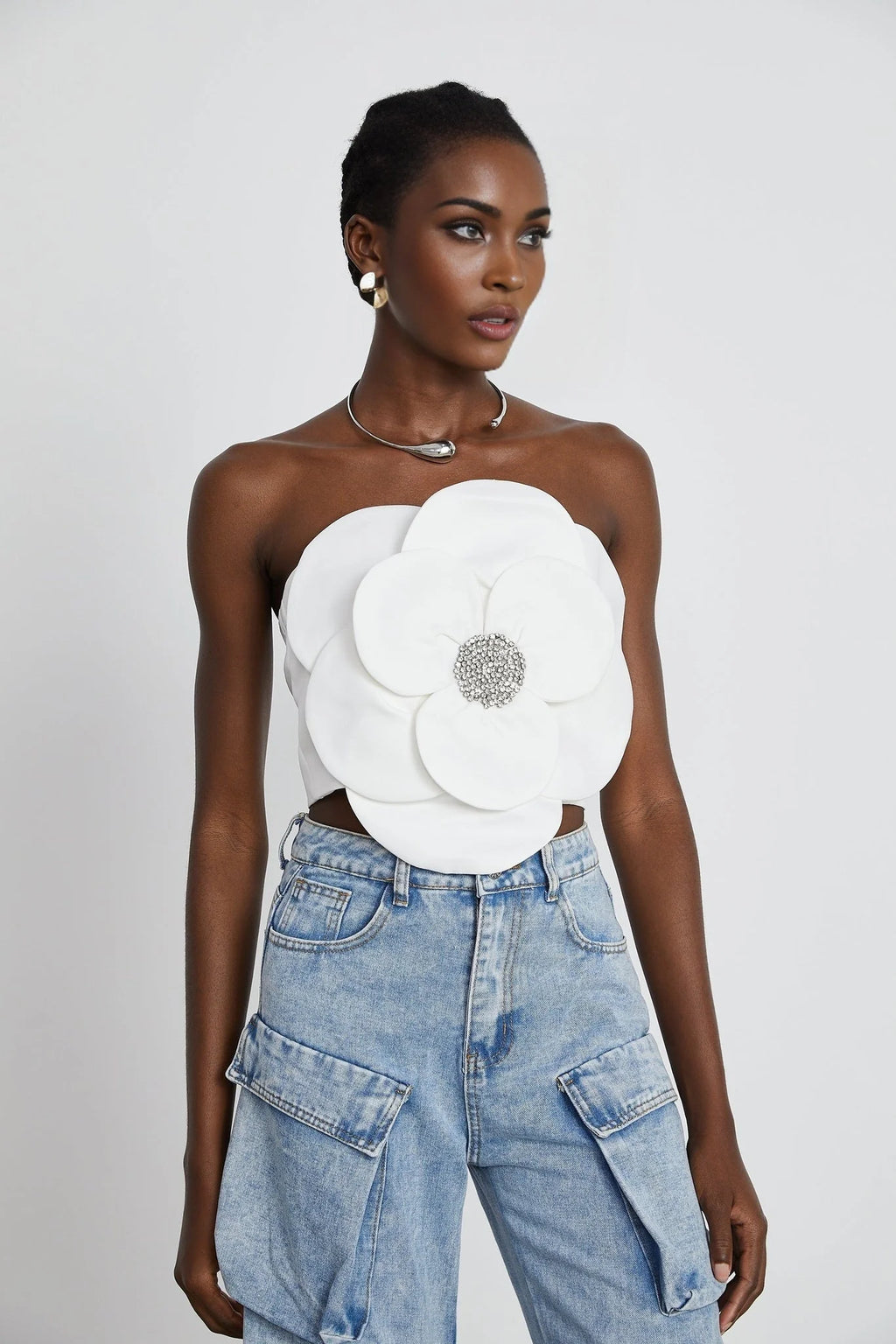 Bianchina Floral Top - Sleeveless Off the Shoulder with Floral Appliqu Crystal Embellishment Trendy Cropped