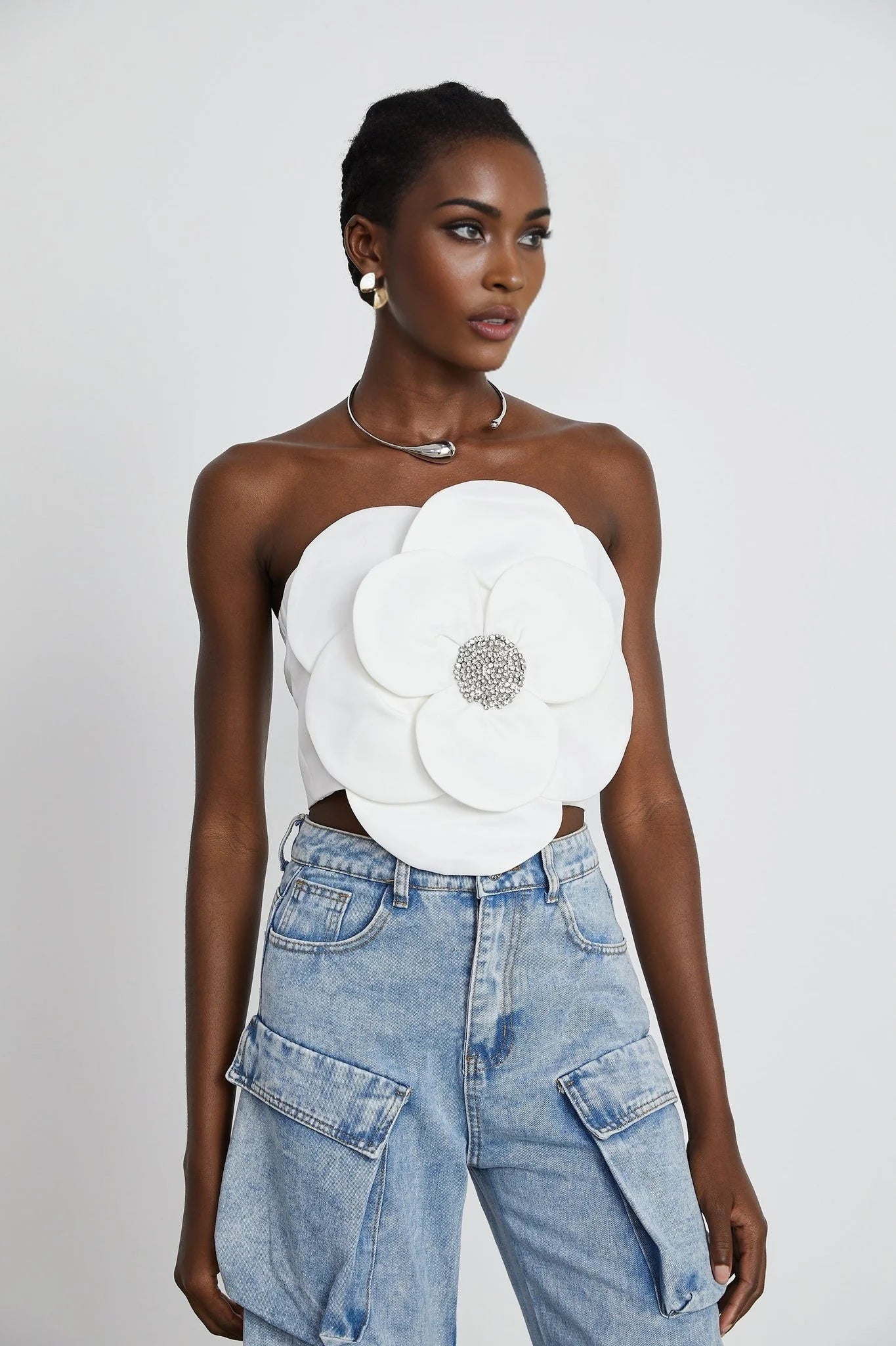 Bianchina Floral Top - Sleeveless Off the Shoulder with Floral Appliqu Crystal Embellishment Trendy Cropped