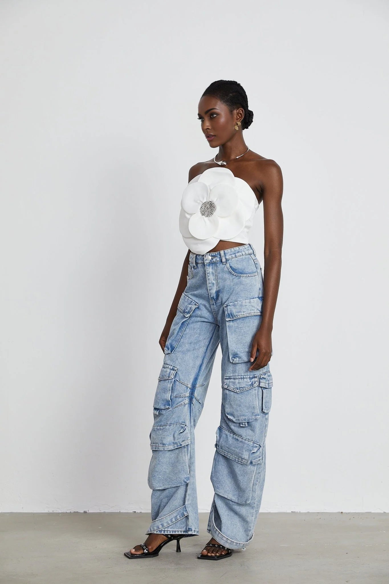 Bianchina Floral Top - Sleeveless Off the Shoulder with Floral Appliqu Crystal Embellishment Trendy Cropped