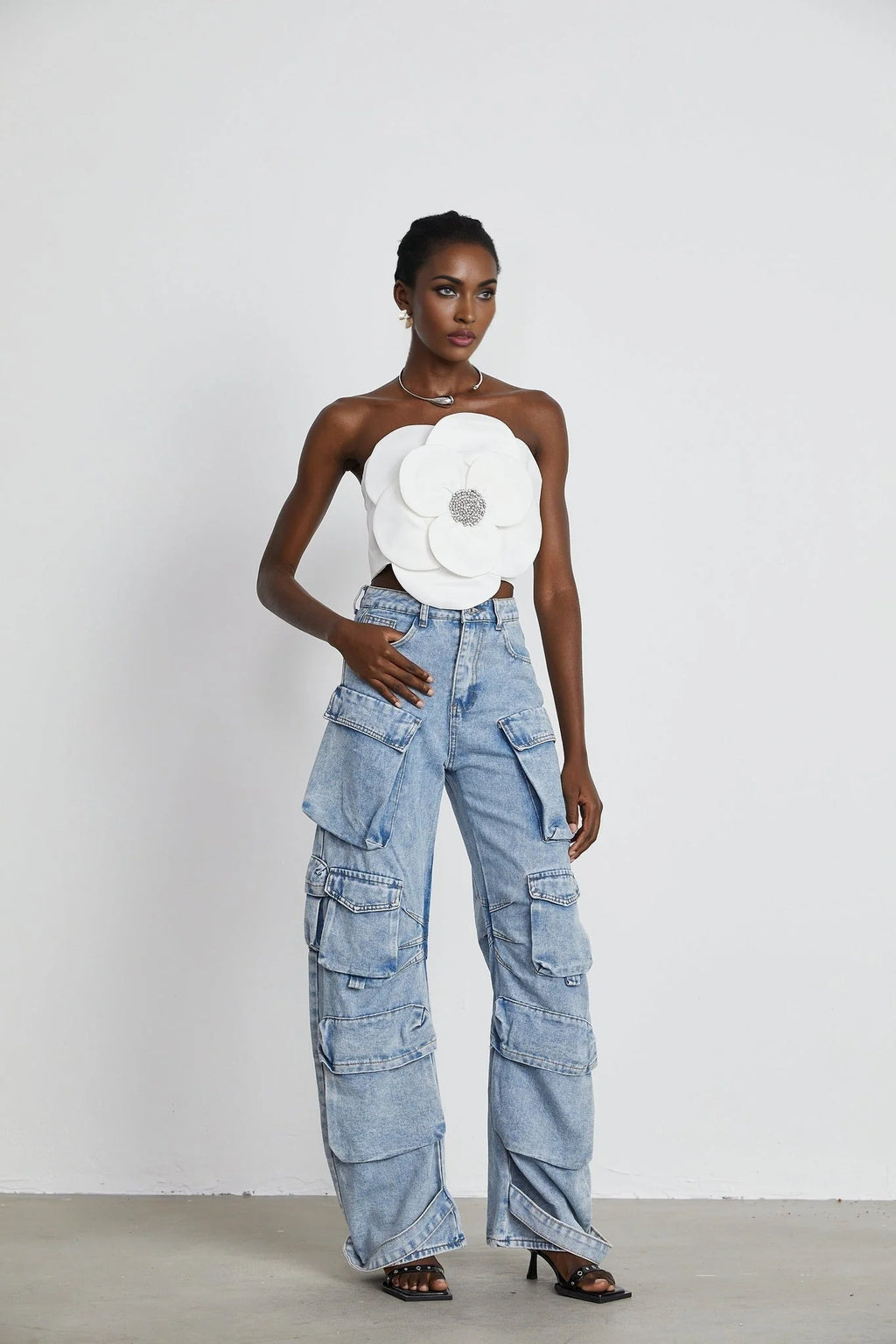 Bianchina Floral Top - Sleeveless Off the Shoulder with Floral Appliqu Crystal Embellishment Trendy Cropped