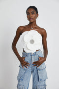 Bianchina Floral Top - Sleeveless Off the Shoulder with Floral Appliqu Crystal Embellishment Trendy Cropped
