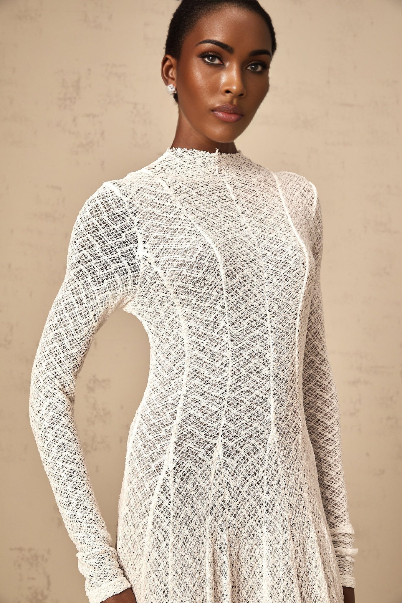 Bianchina Maxi Dress - Long Sleeves - Lace Overlay - Wavy Pattern - Pleated Detail
