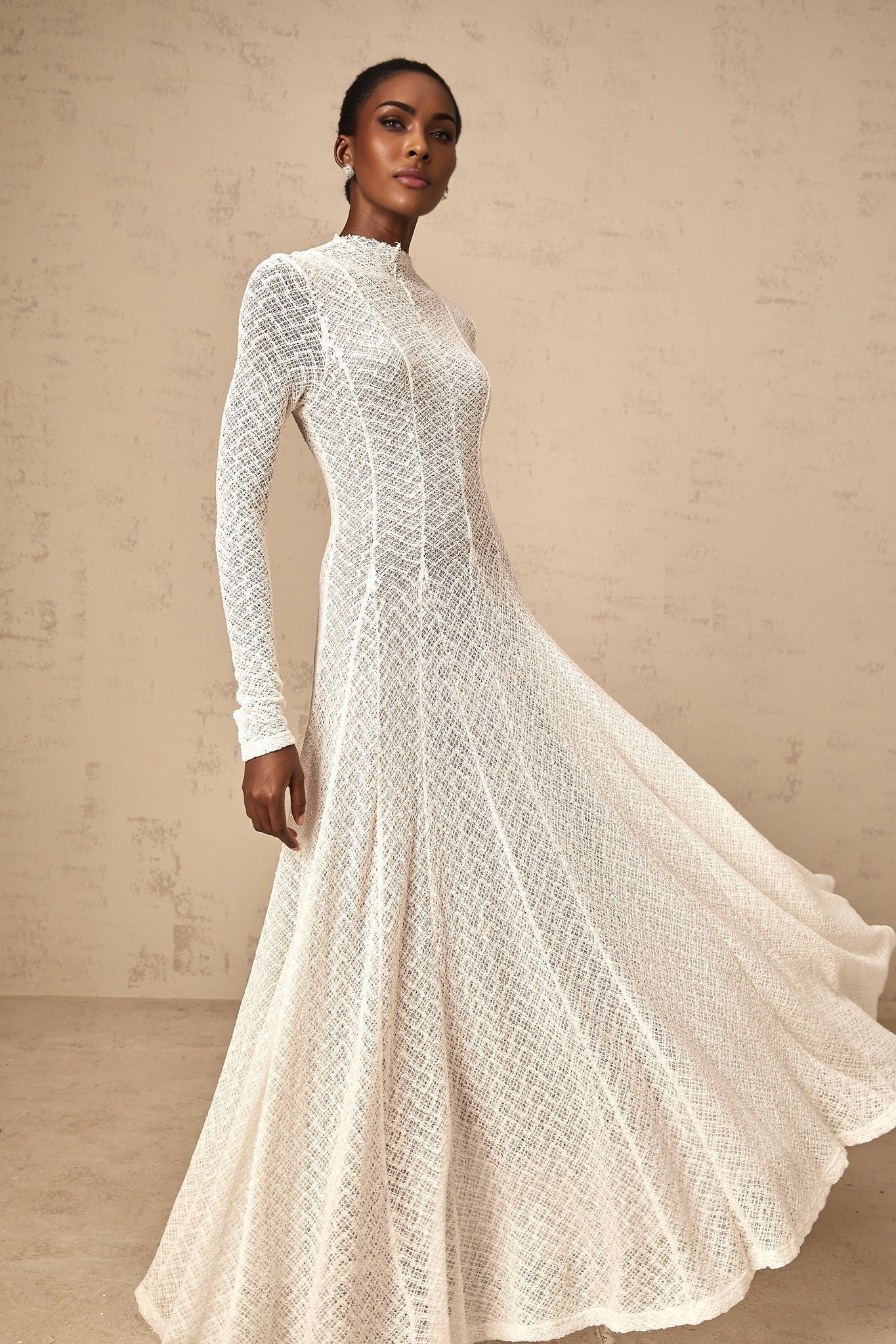 Bianchina Maxi Dress - Long Sleeves - Lace Overlay - Wavy Pattern - Pleated Detail
