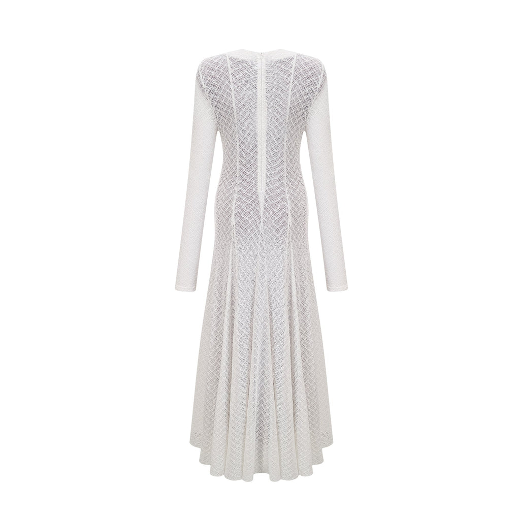 Bianchina Maxi Dress - Long Sleeves - Lace Overlay - Wavy Pattern - Pleated Detail