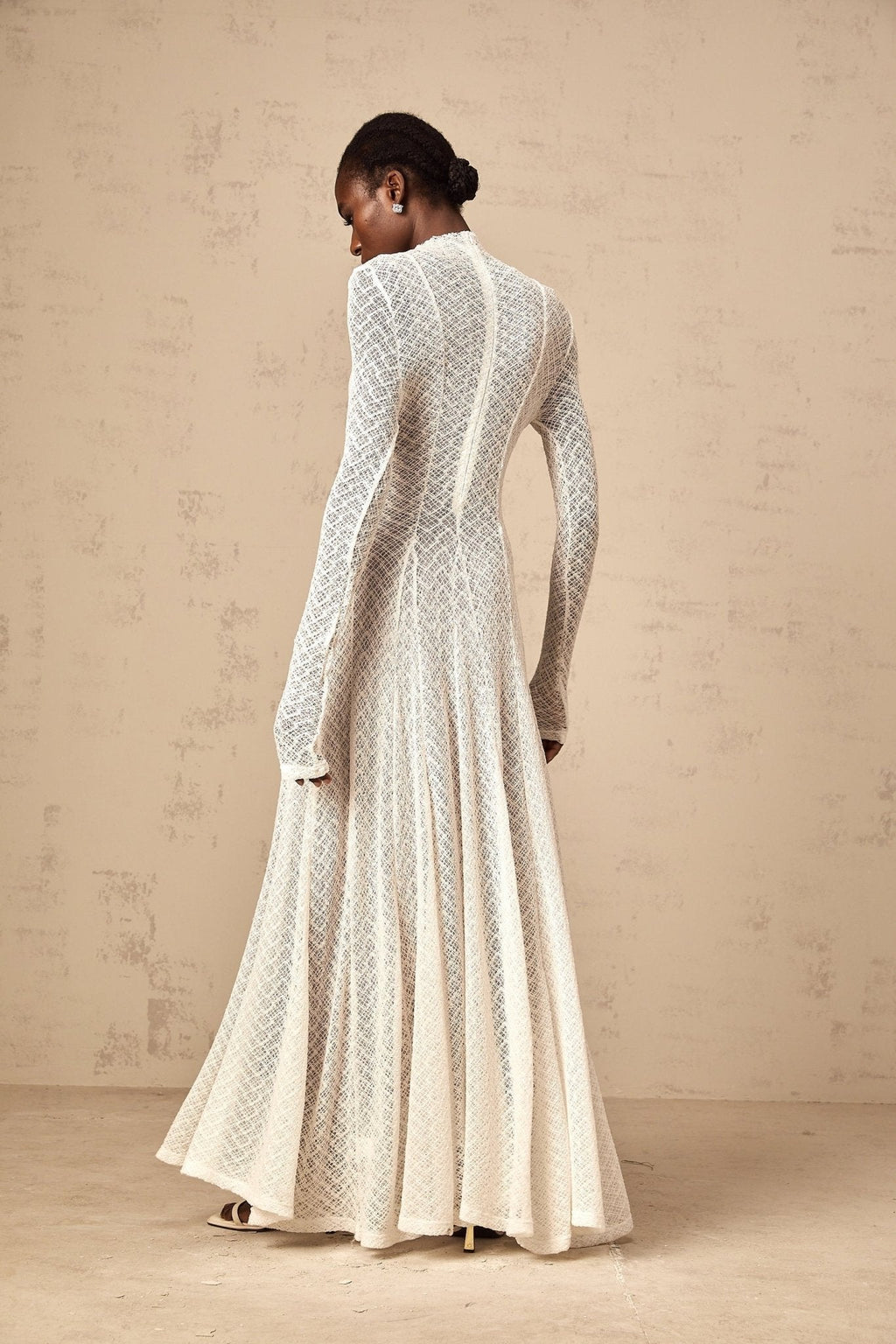 Bianchina Maxi Dress - Long Sleeves - Lace Overlay - Wavy Pattern - Pleated Detail