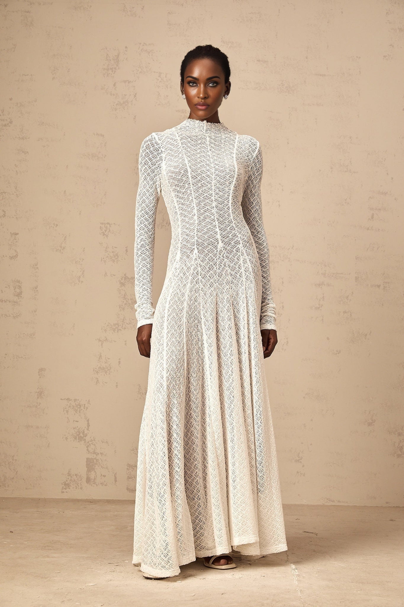 Bianchina Maxi Dress - Long Sleeves - Lace Overlay - Wavy Pattern - Pleated Detail