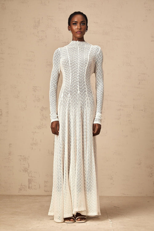 Bianchina Maxi Dress - Long Sleeves - Lace Overlay - Wavy Pattern - Pleated Detail