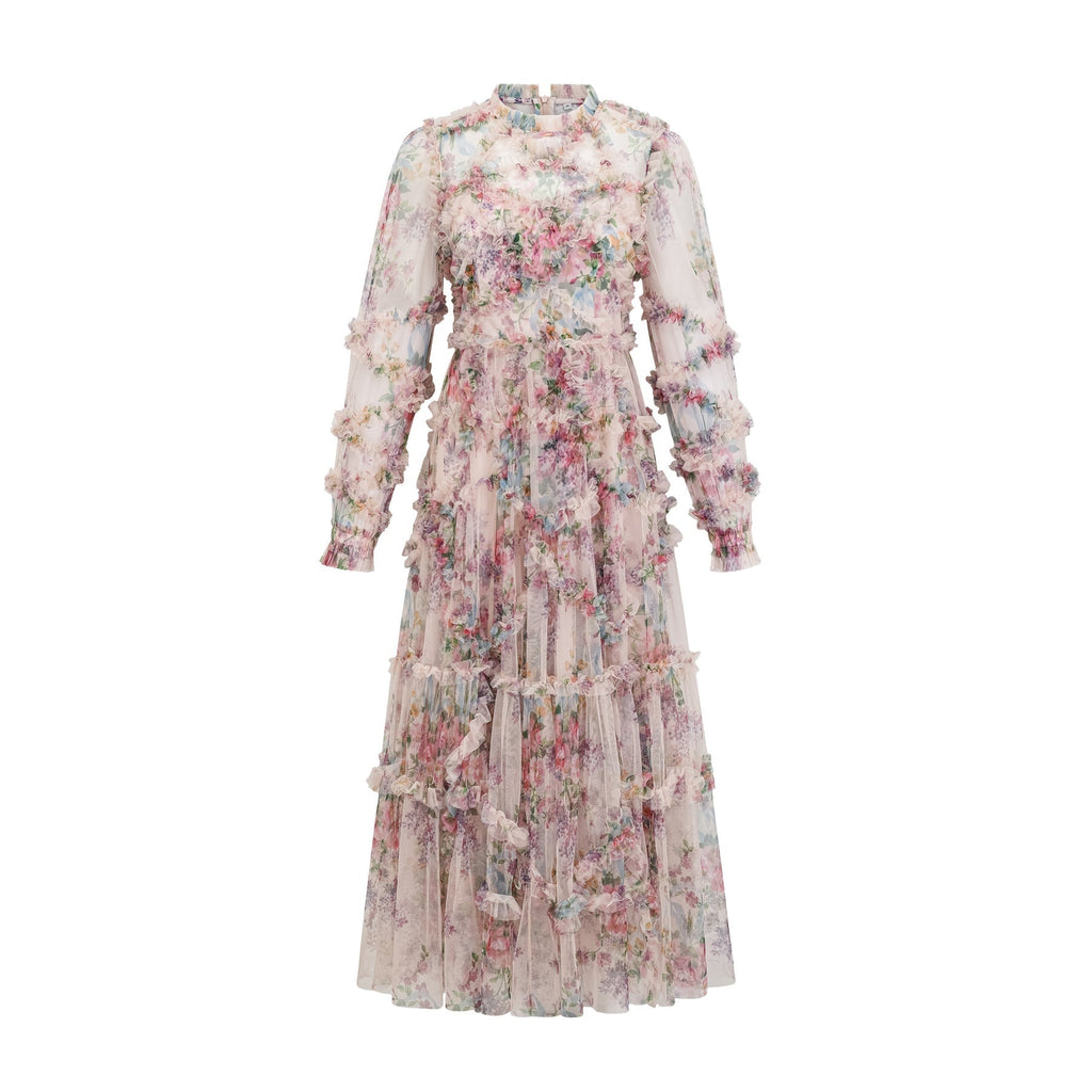 Bianchina Midi Dress – Crew Neck – Floral Print – Tulle Overlay