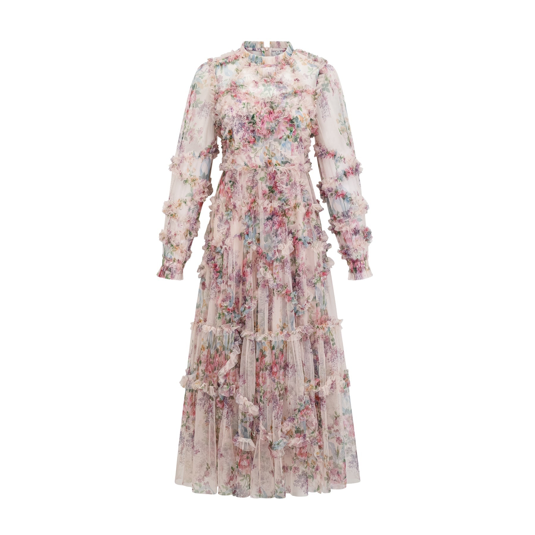 Bianchina Midi Dress – Crew Neck – Floral Print – Tulle Overlay