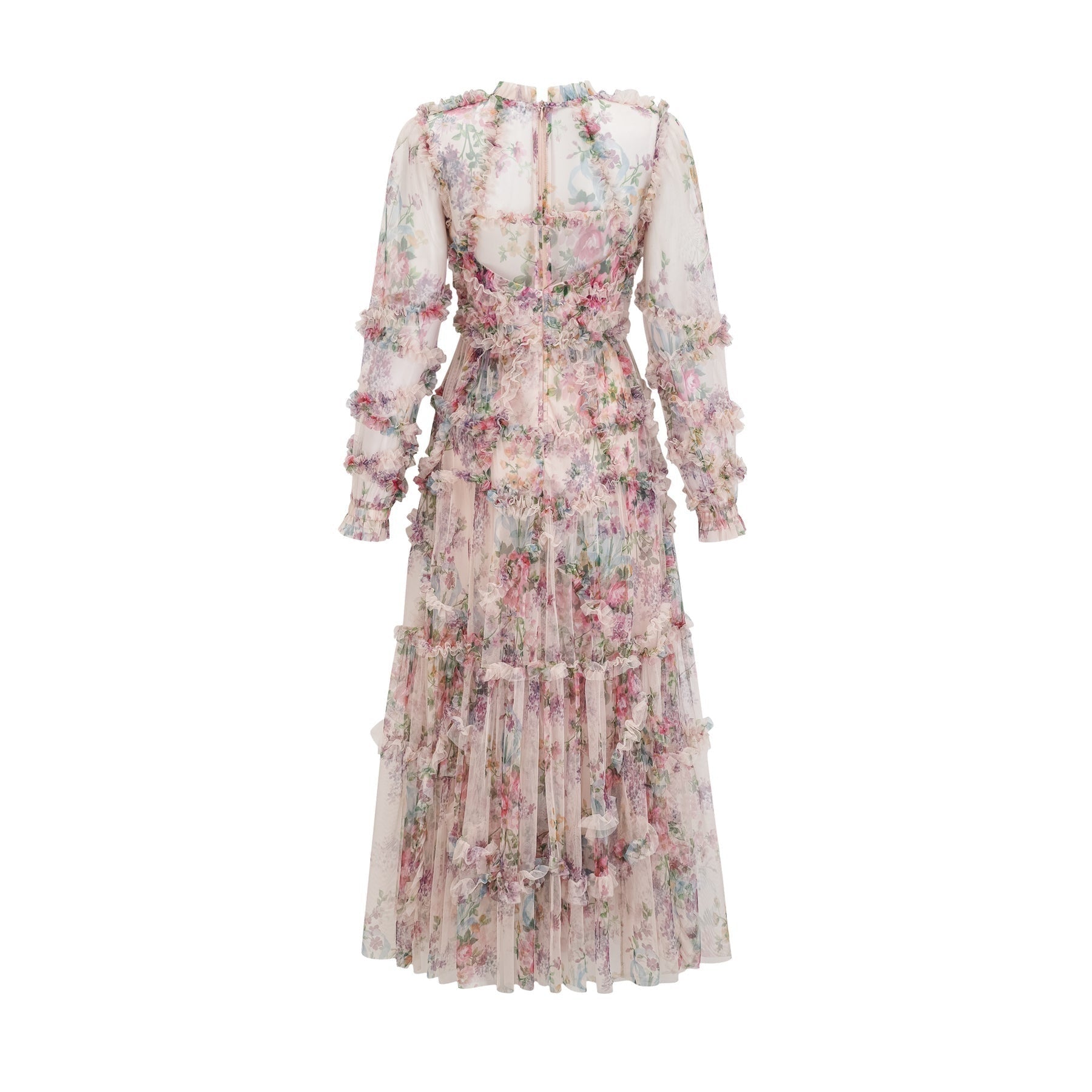 Bianchina Midi Dress – Crew Neck – Floral Print – Tulle Overlay