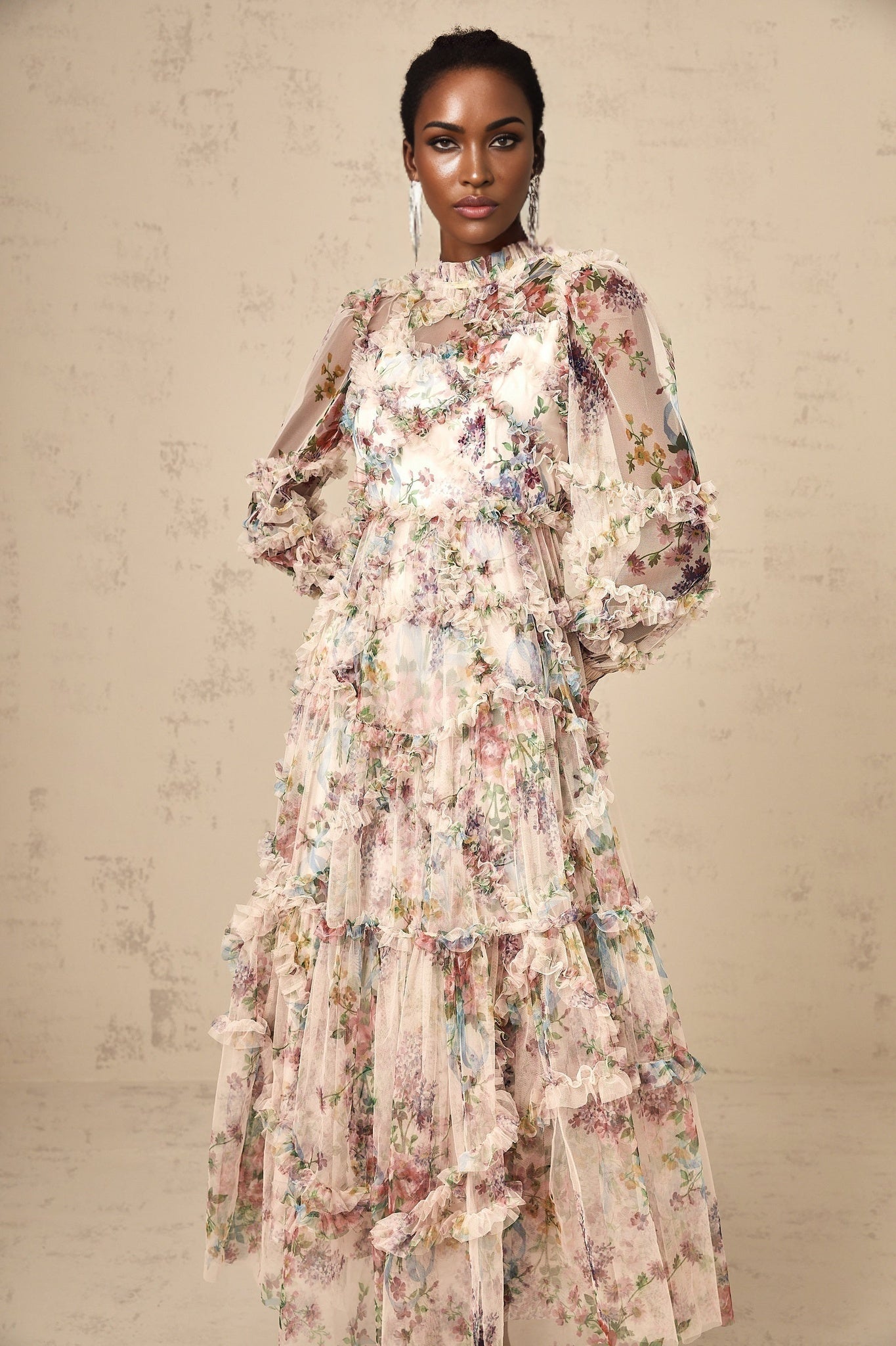 Bianchina Midi Dress – Crew Neck – Floral Print – Tulle Overlay