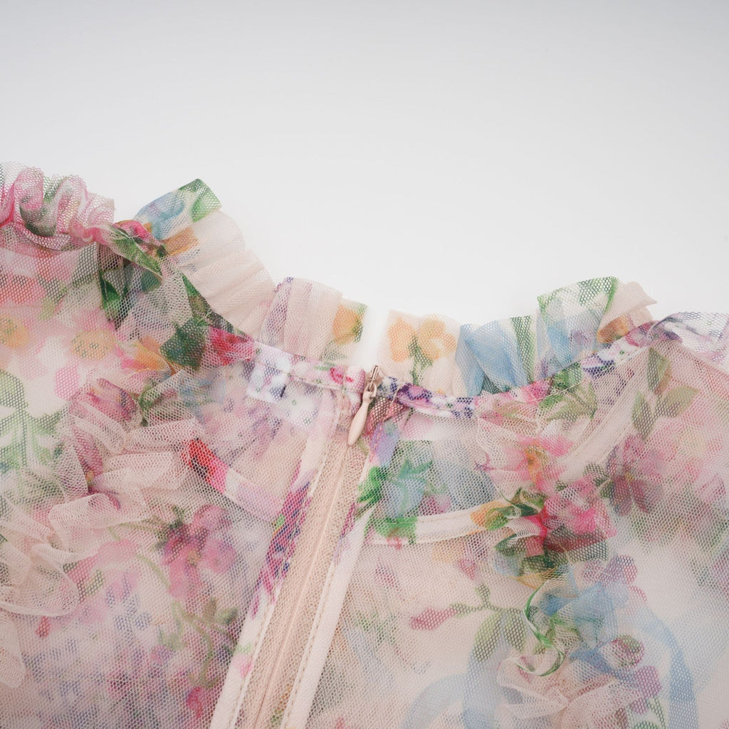Bianchina Midi Dress – Crew Neck – Floral Print – Tulle Overlay