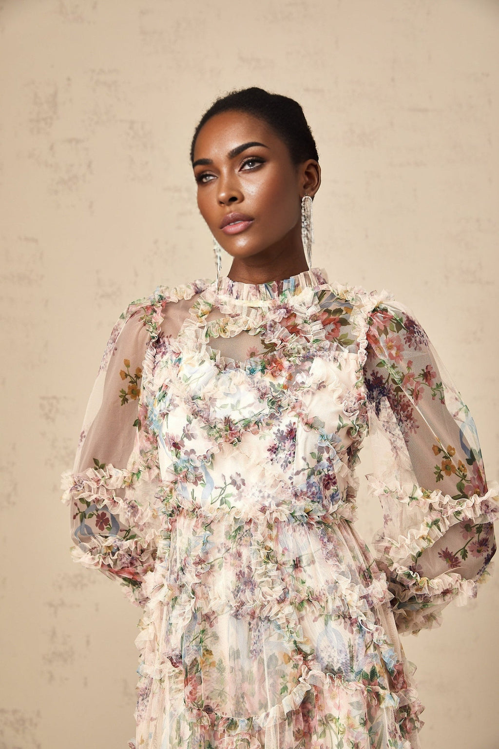 Bianchina Midi Dress – Crew Neck – Floral Print – Tulle Overlay