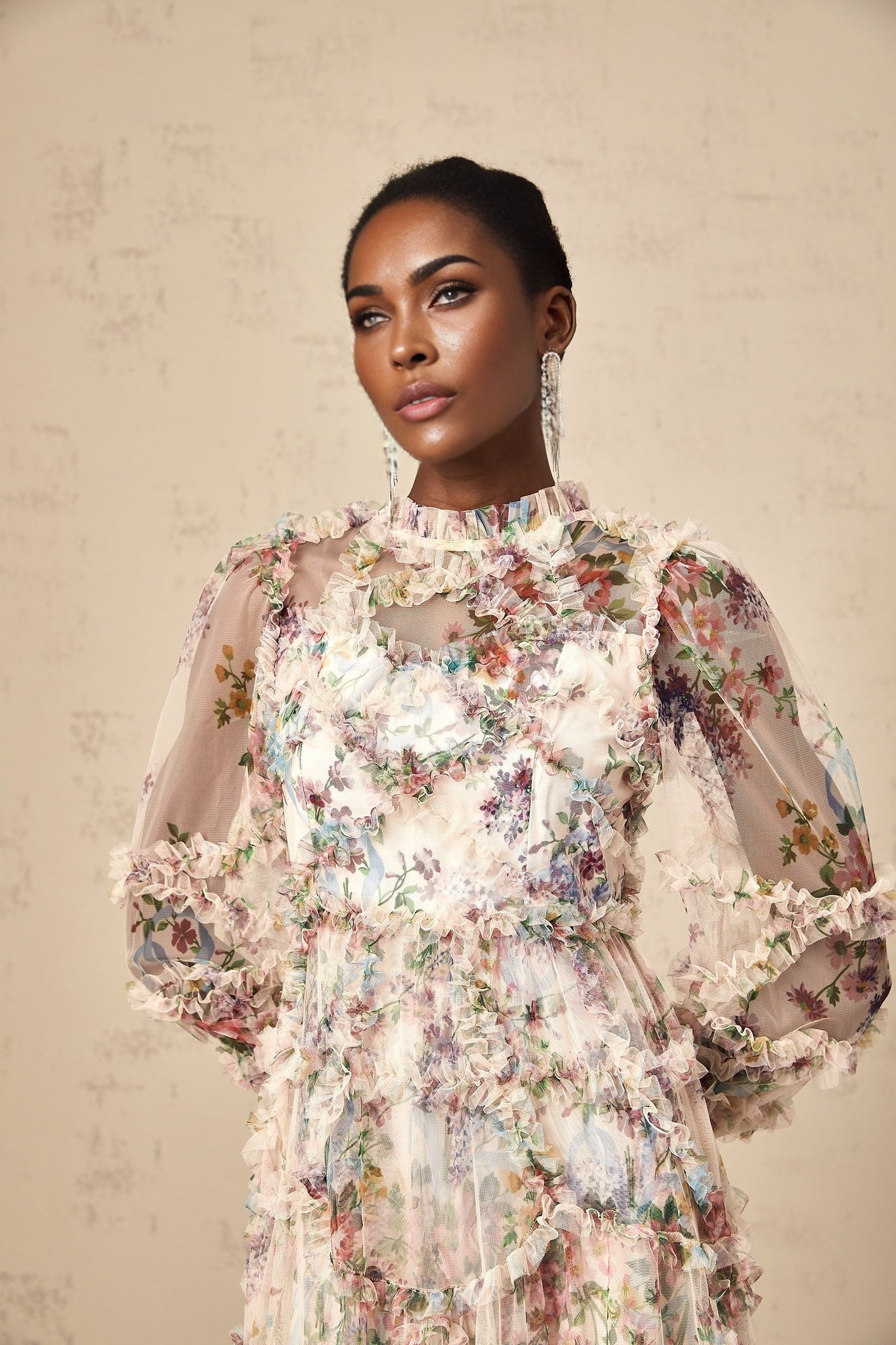 Bianchina Midi Dress – Crew Neck – Floral Print – Tulle Overlay