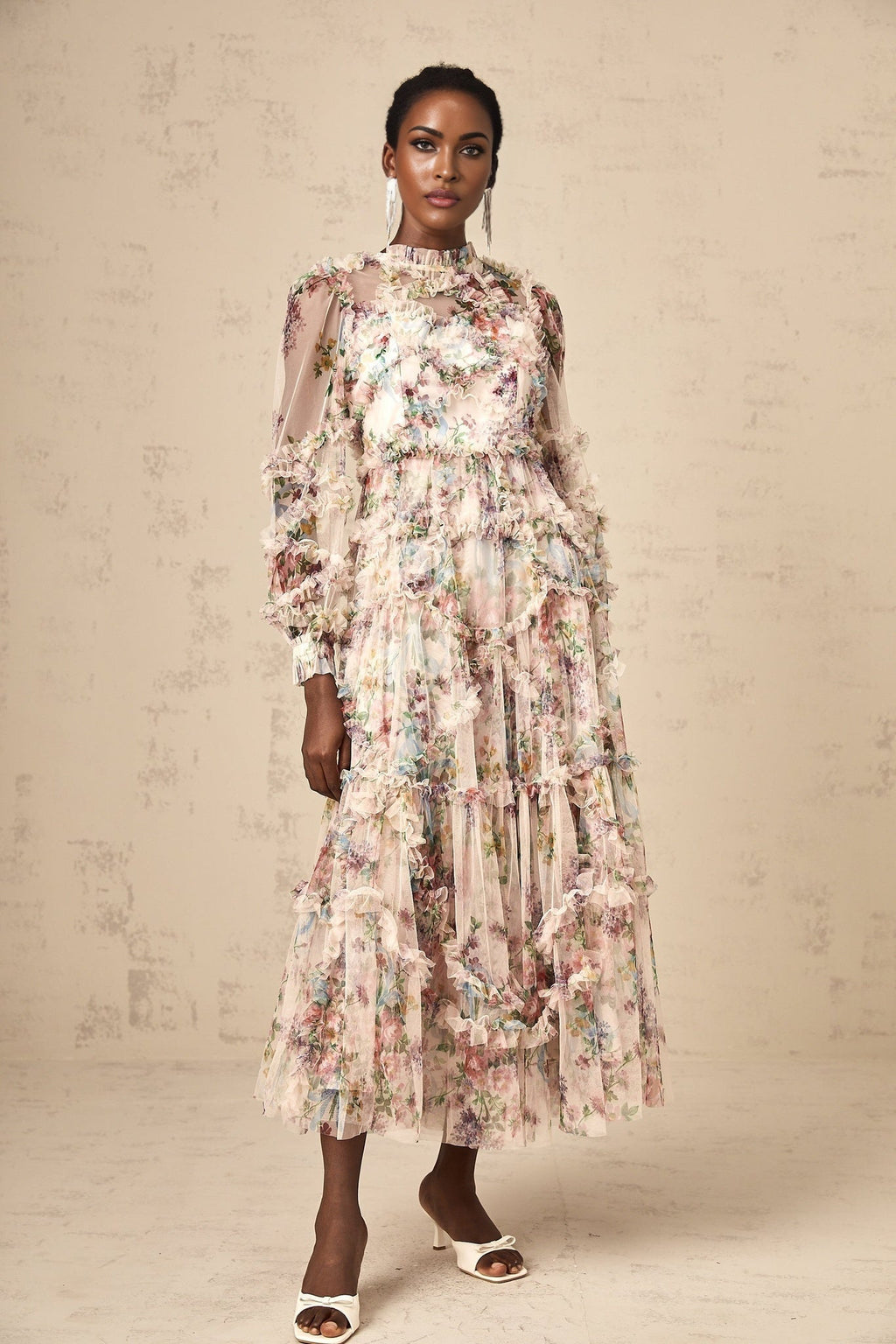 Bianchina Midi Dress – Crew Neck – Floral Print – Tulle Overlay