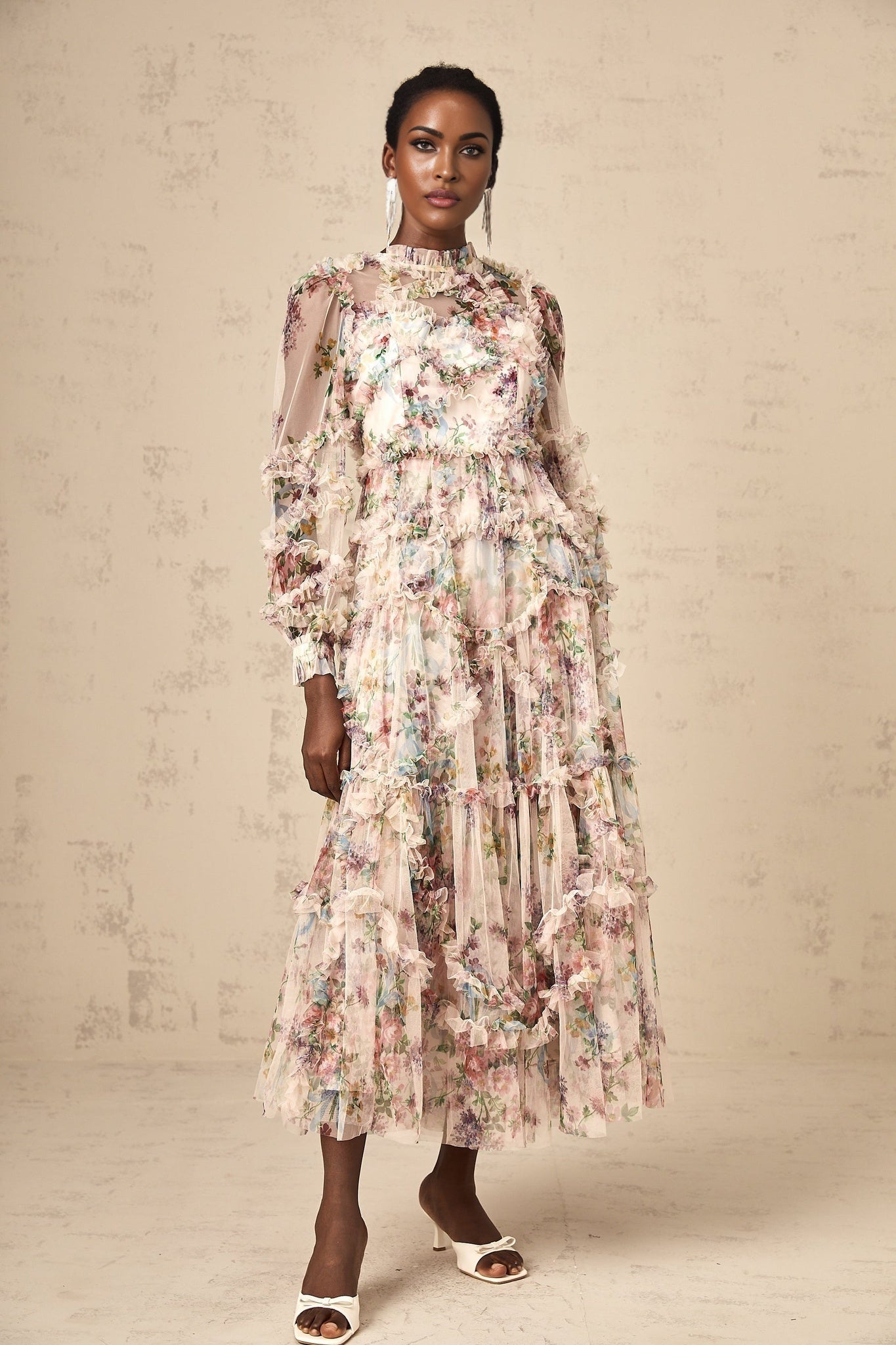 Bianchina Midi Dress – Crew Neck – Floral Print – Tulle Overlay