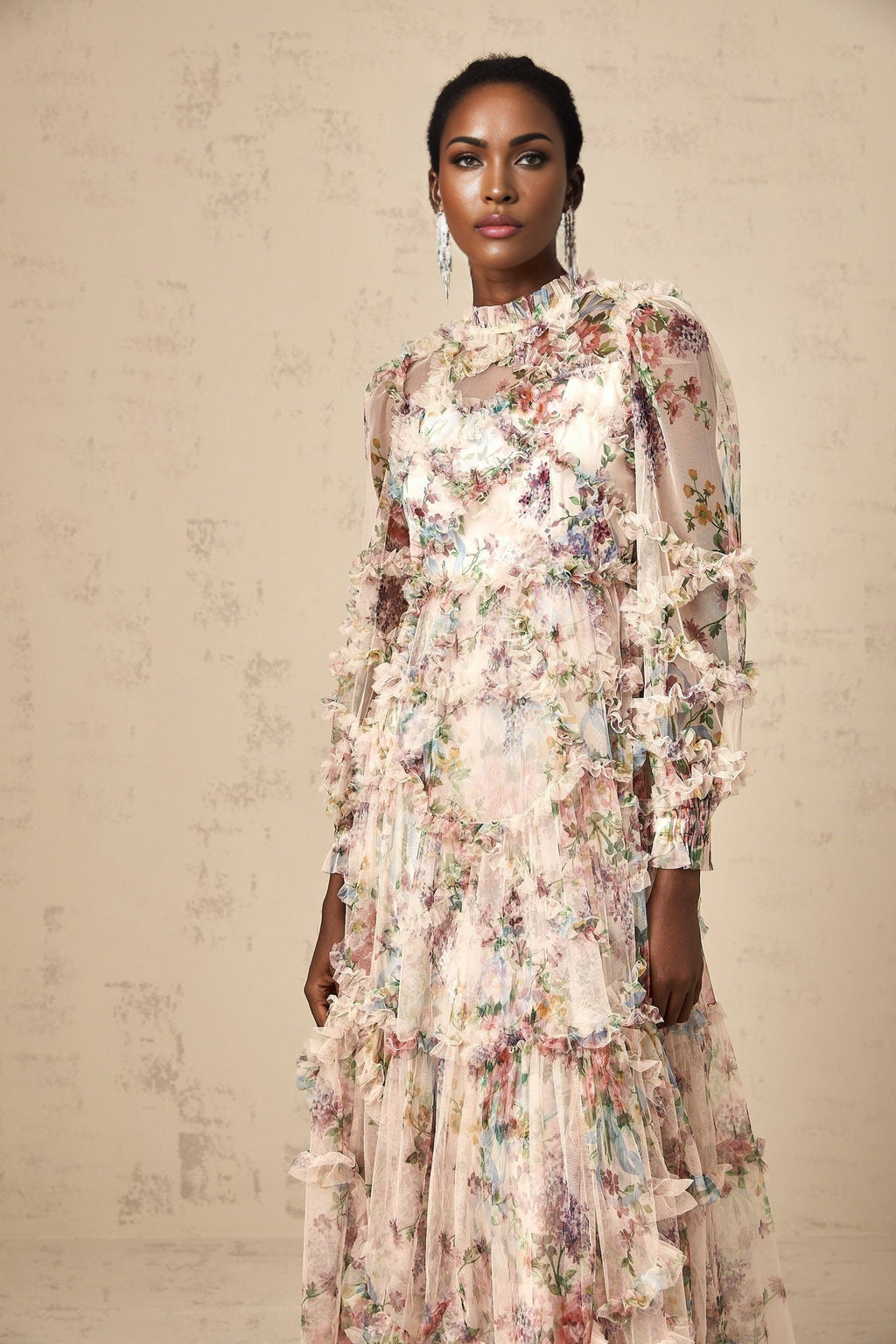 Bianchina Midi Dress – Crew Neck – Floral Print – Tulle Overlay