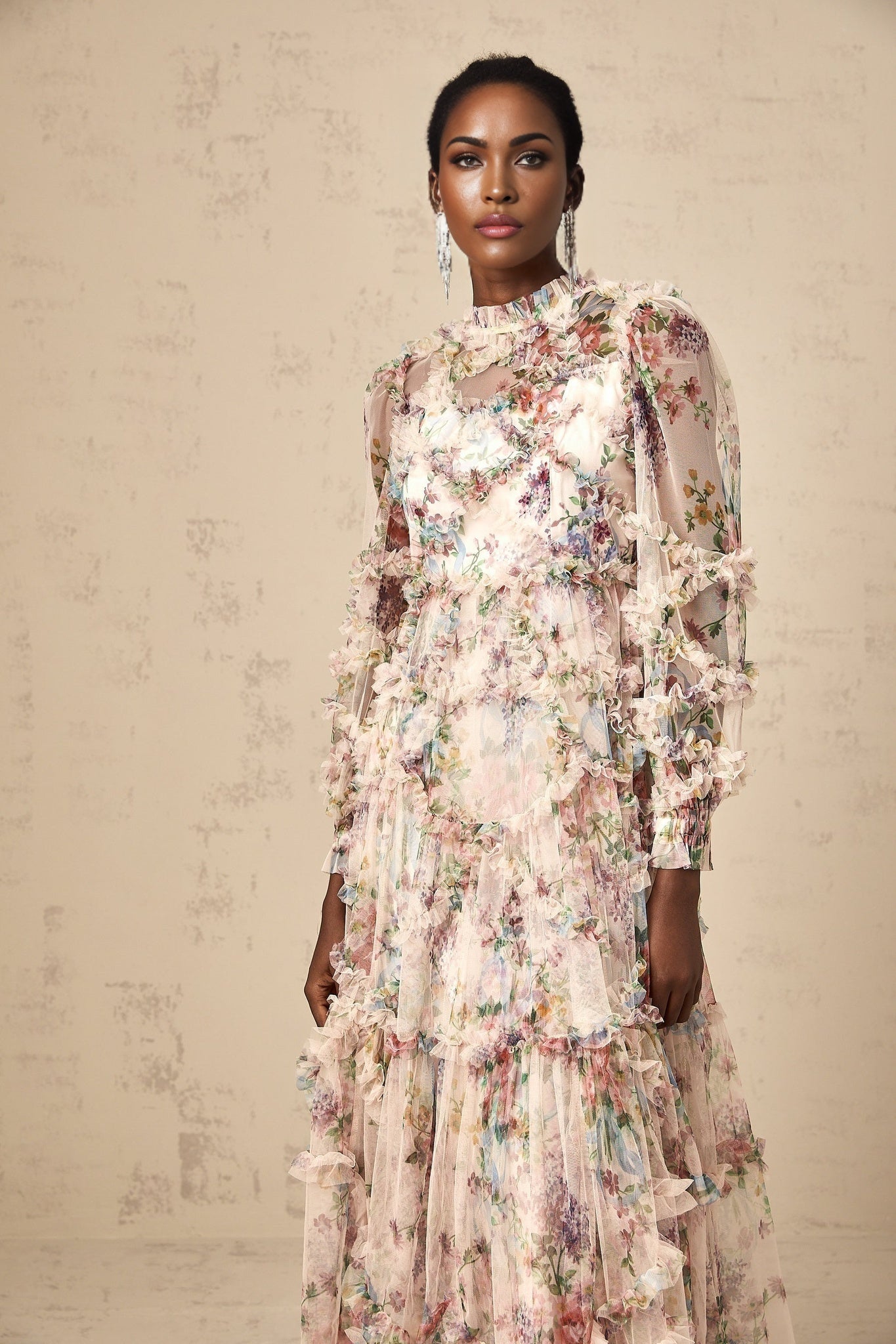 Bianchina Midi Dress – Crew Neck – Floral Print – Tulle Overlay