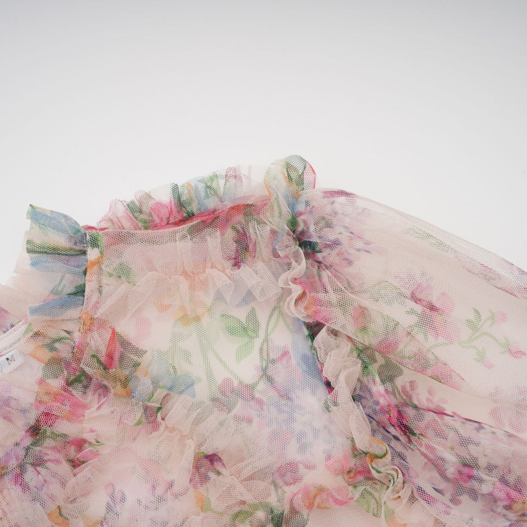 Bianchina Midi Dress – Crew Neck – Floral Print – Tulle Overlay