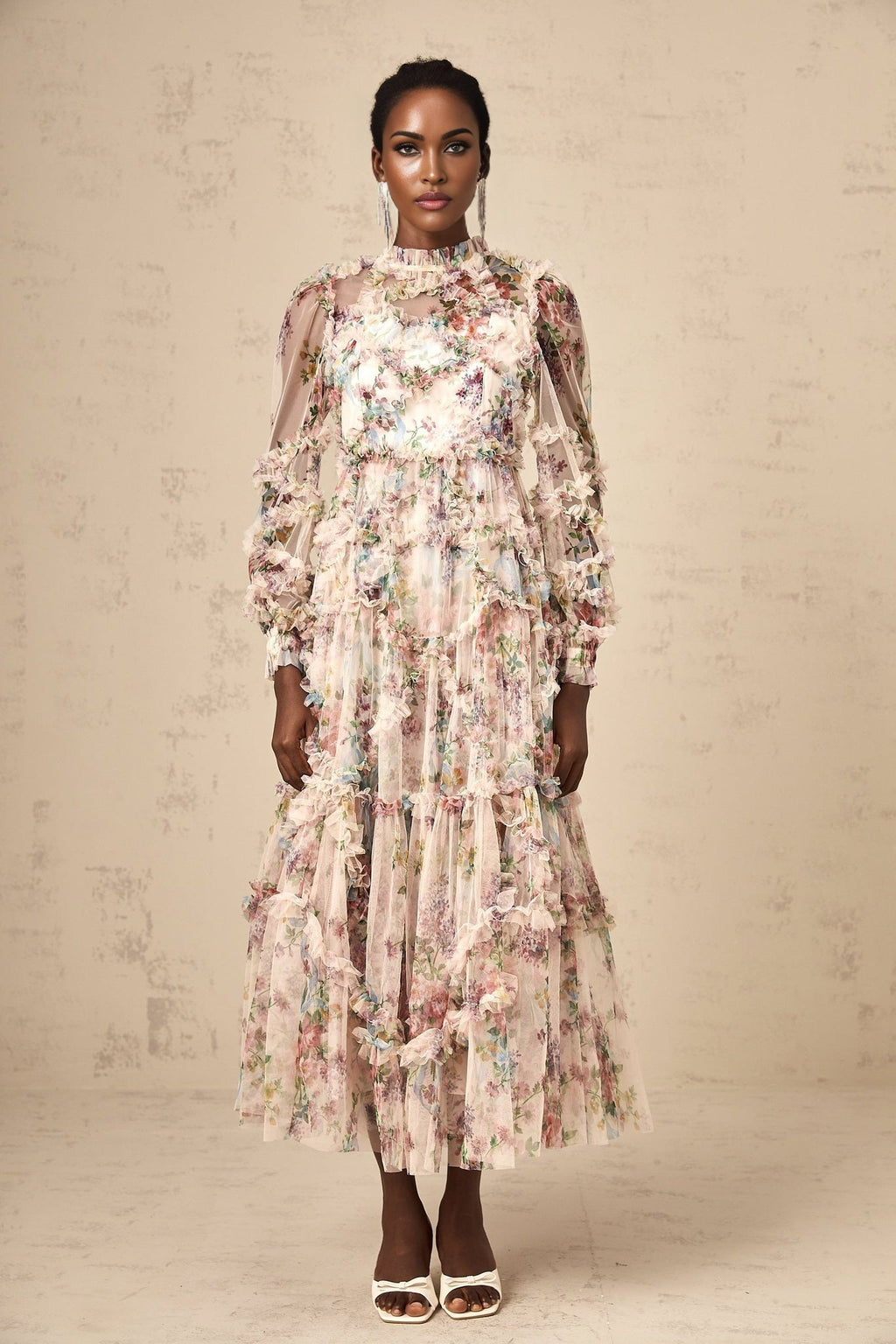 Bianchina Midi Dress – Crew Neck – Floral Print – Tulle Overlay
