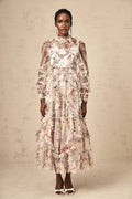 Bianchina Midi Dress – Crew Neck – Floral Print – Tulle Overlay